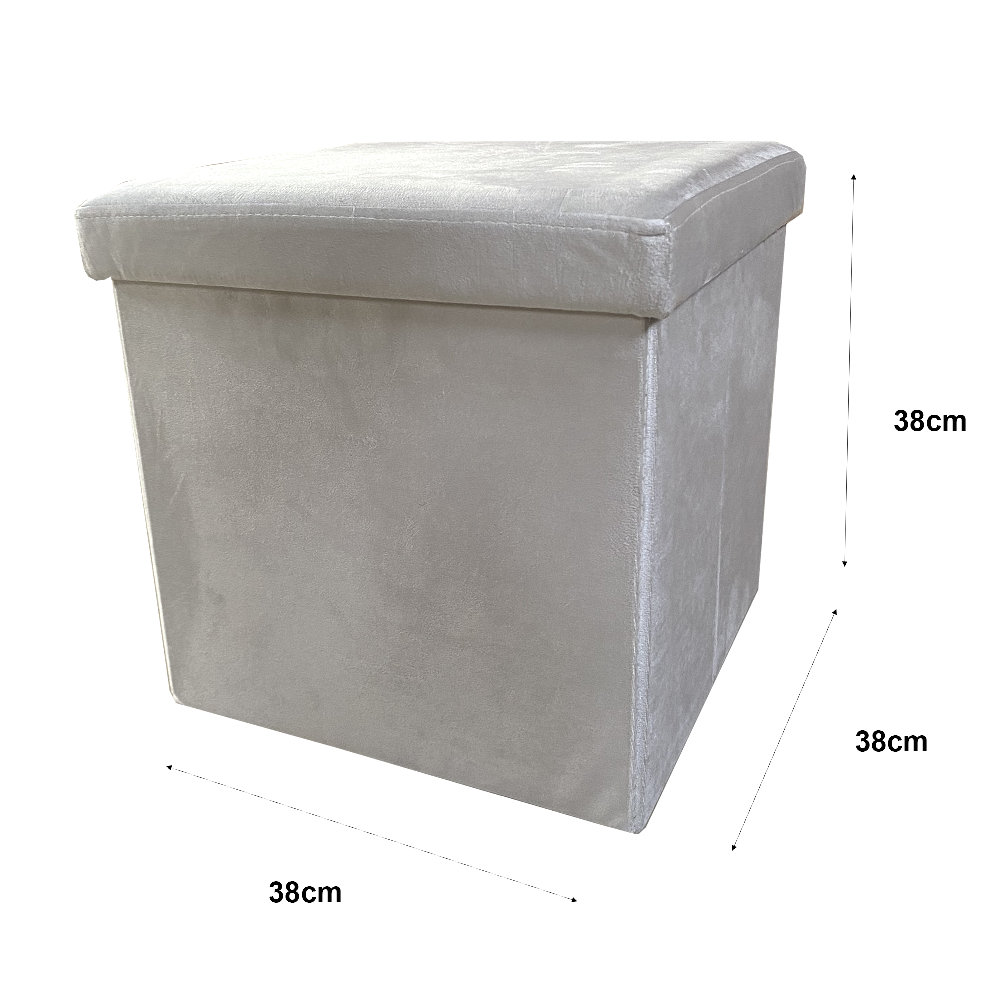 Un otomano gris con dimensiones de 38x38x38cm.