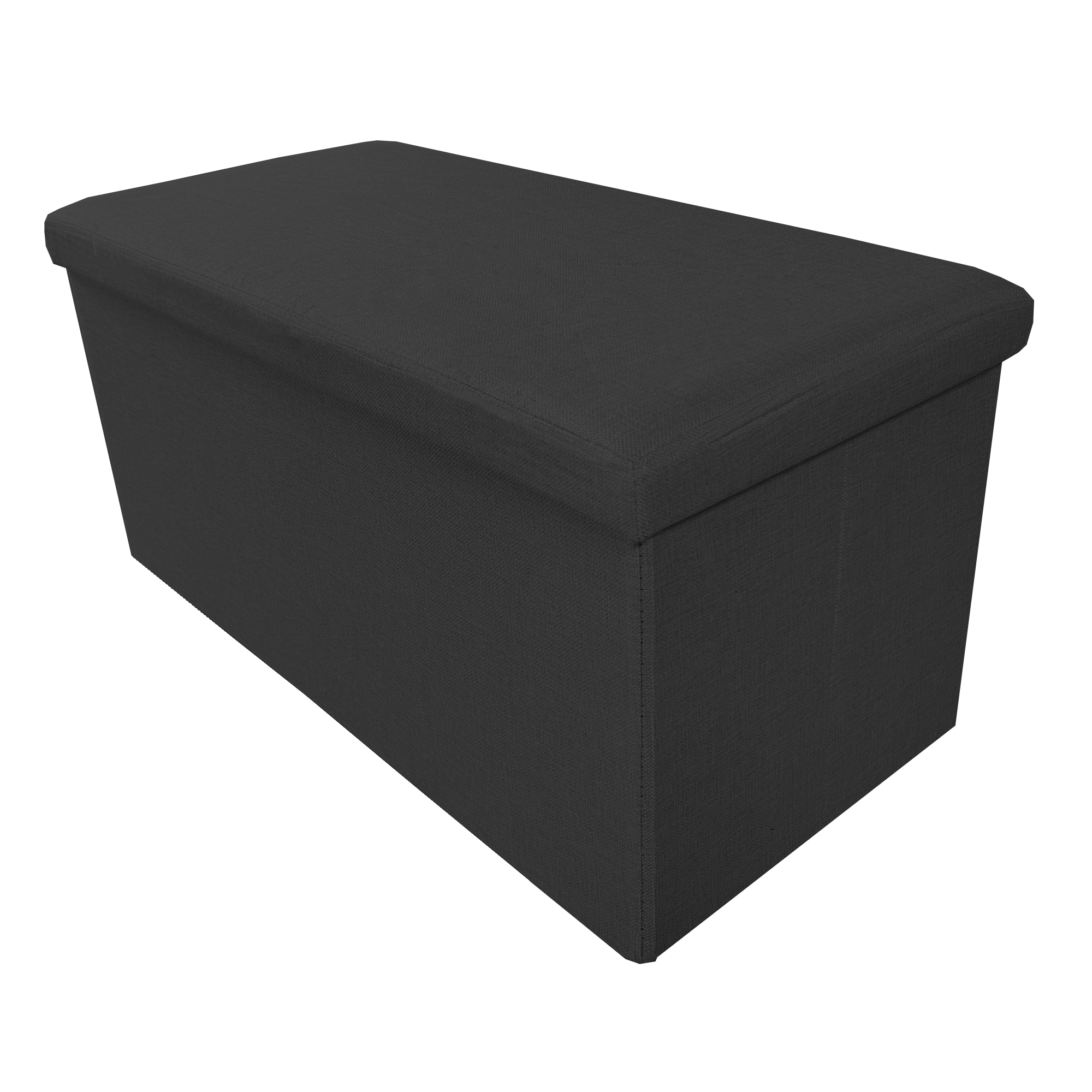 Un otomana de almacenamiento negro con tapa, sobre fondo blanco.