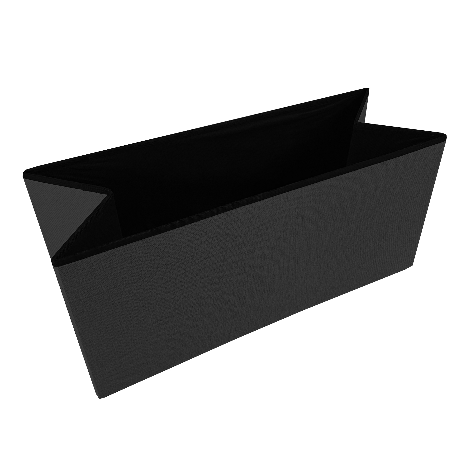 Una bolsa de tela negra con la parte superior abierta, aislada sobre fondo blanco.