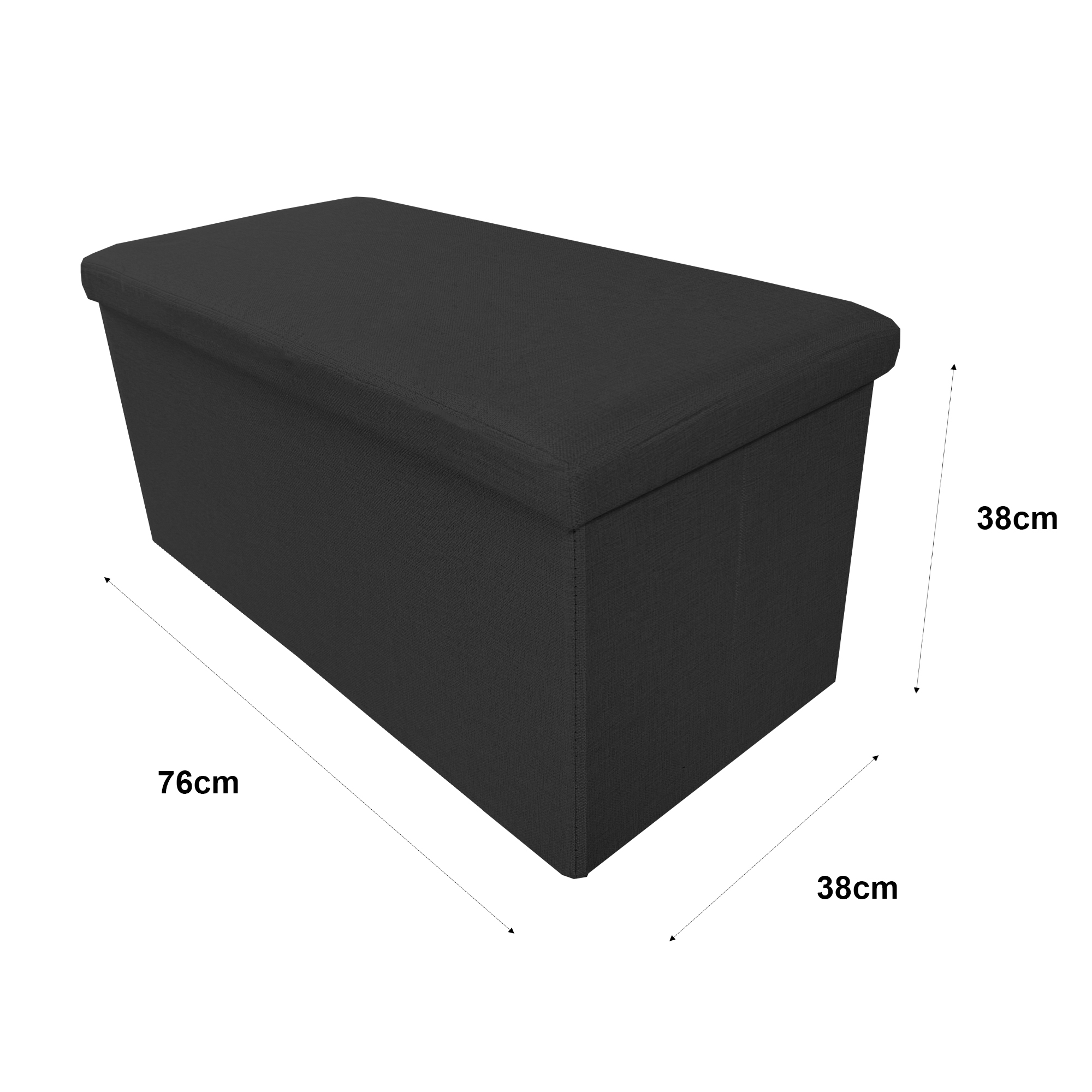 Un otomán de almacenamiento negro, 76cm de largo y 38cm de alto y ancho.