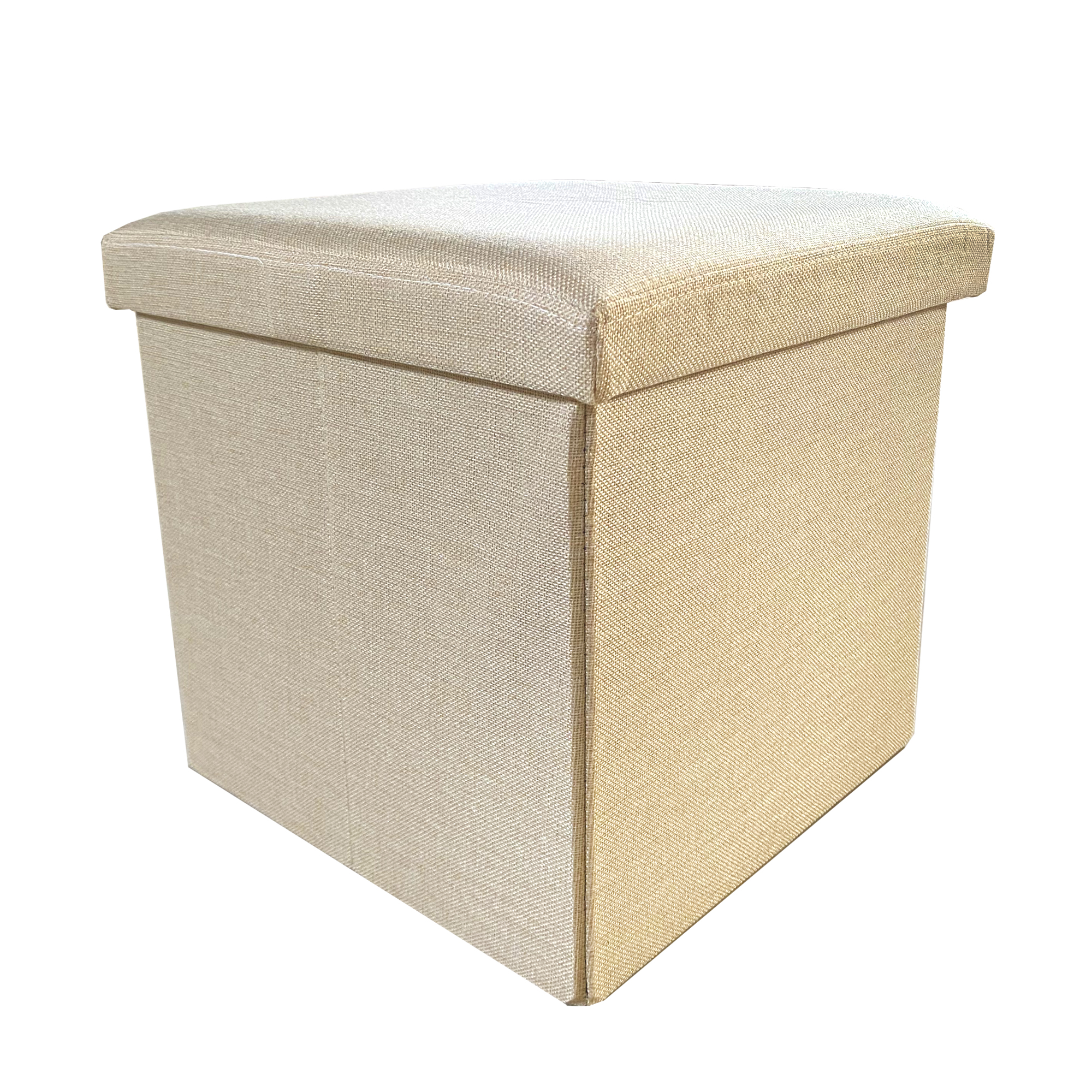 Un otoman de tela beige en forma de cubo con función plegable.