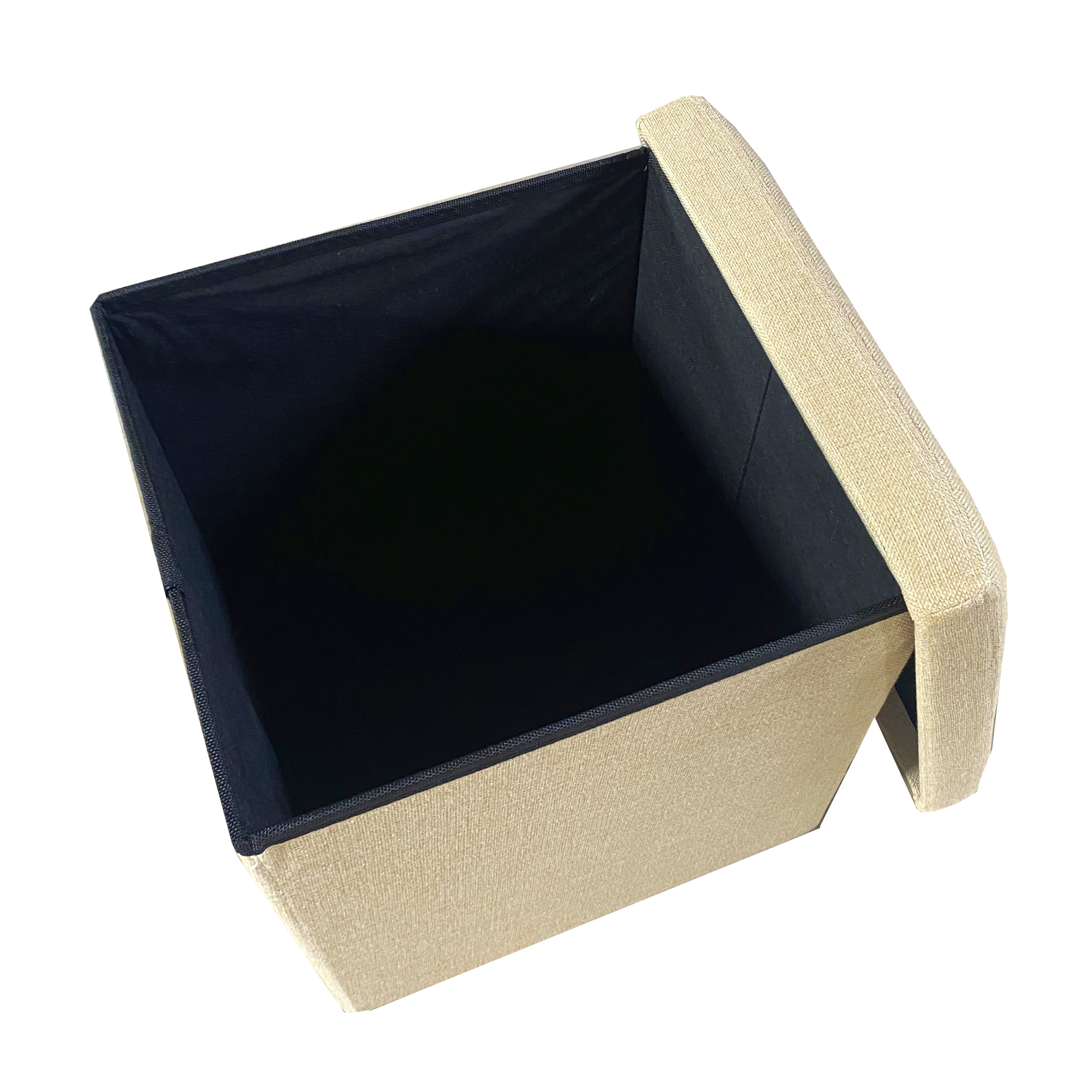 Un otomano de almacenamiento rectangular abierto en tela beige con interior negro.