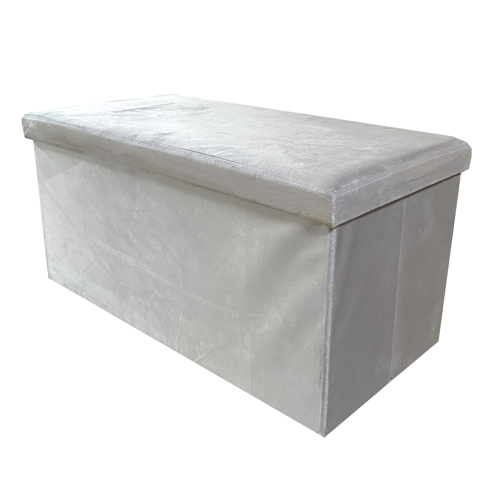 Un otomano de almacenamiento rectangular de color claro con tapa extraíble sobre fondo blanco.