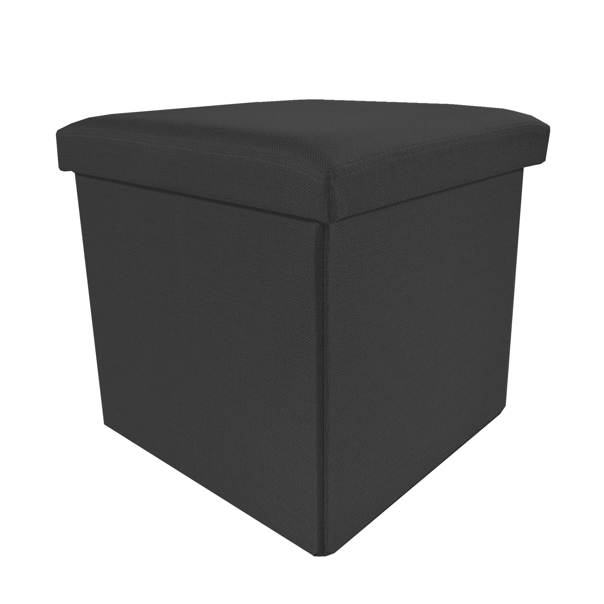 Otomana de cubo de tela negra para almacenamiento con tapa.