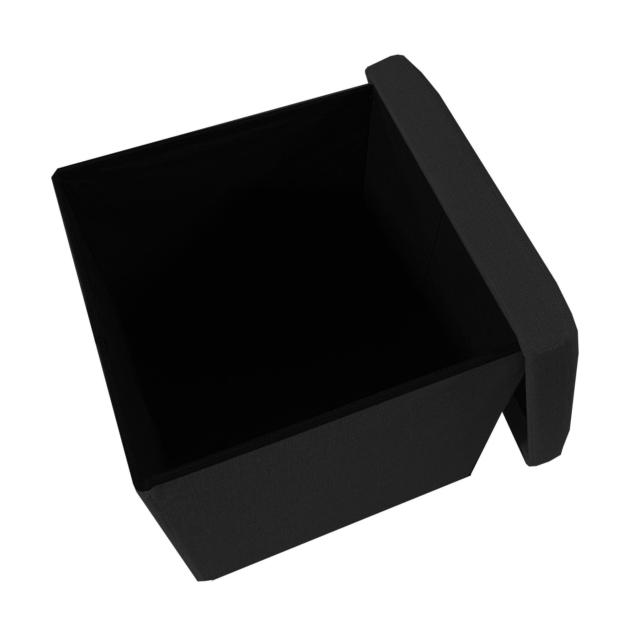 Un cesto de almacenamiento negro con la tapa abierta, aislado sobre fondo blanco.