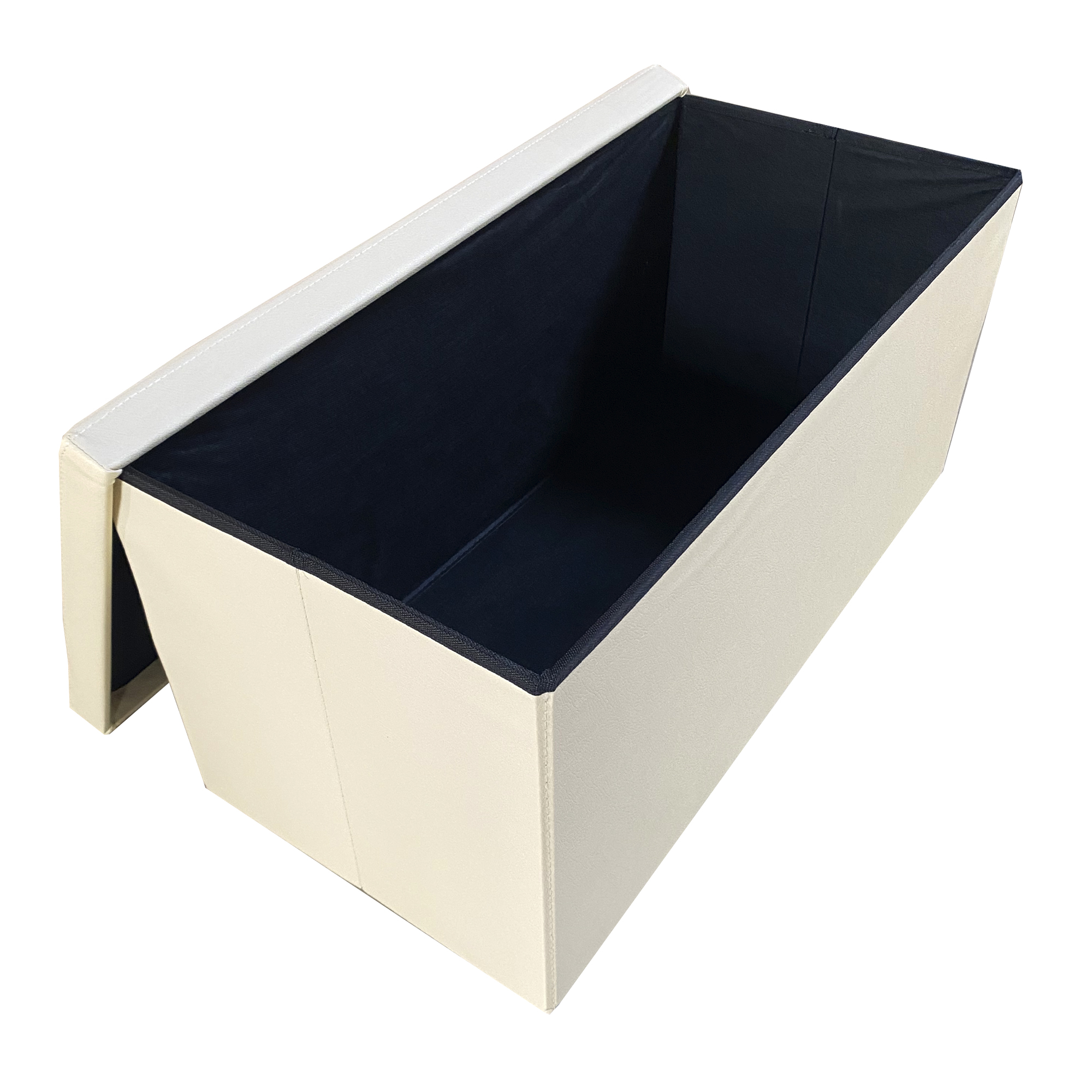 Un contenedor de almacenamiento abierto de color crema con interior negro sobre fondo blanco.