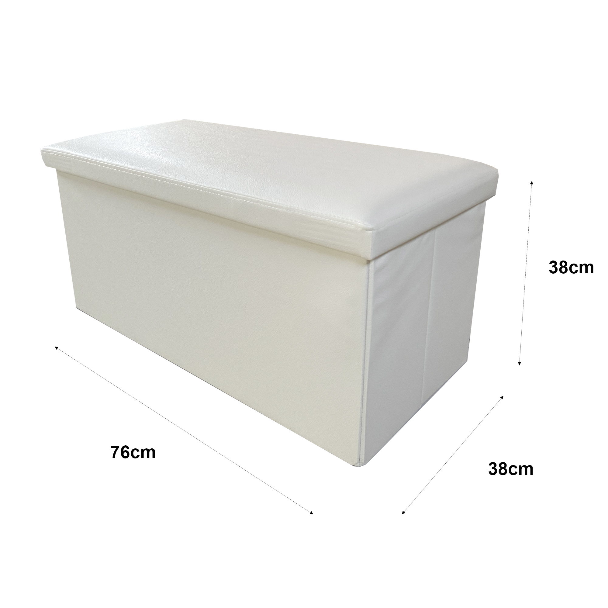 Un otoman de almacenamiento blanco con dimensiones de 76x38x38cm.