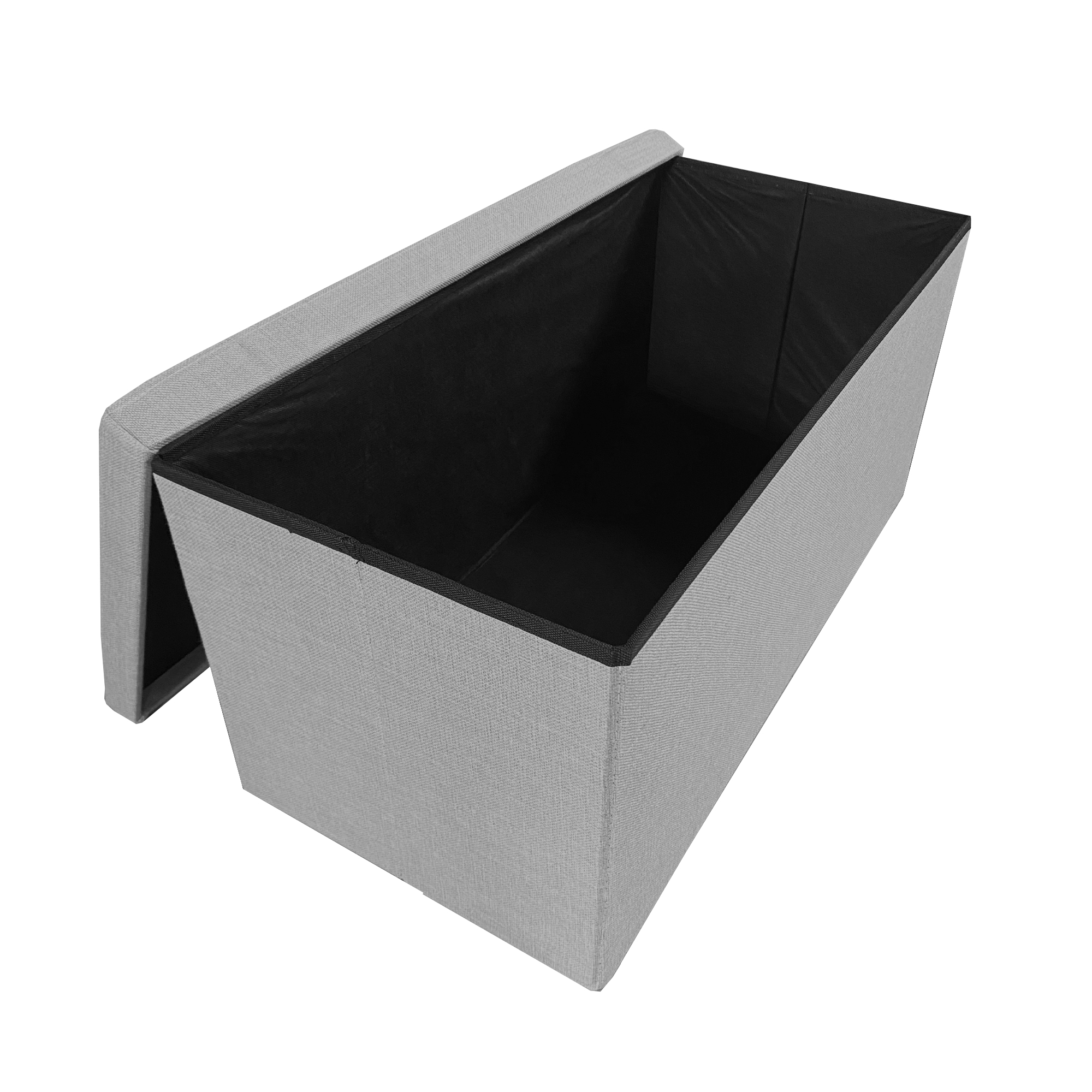 Banqueta de almacenamiento gris con tapa abierta, revelando interior negro.