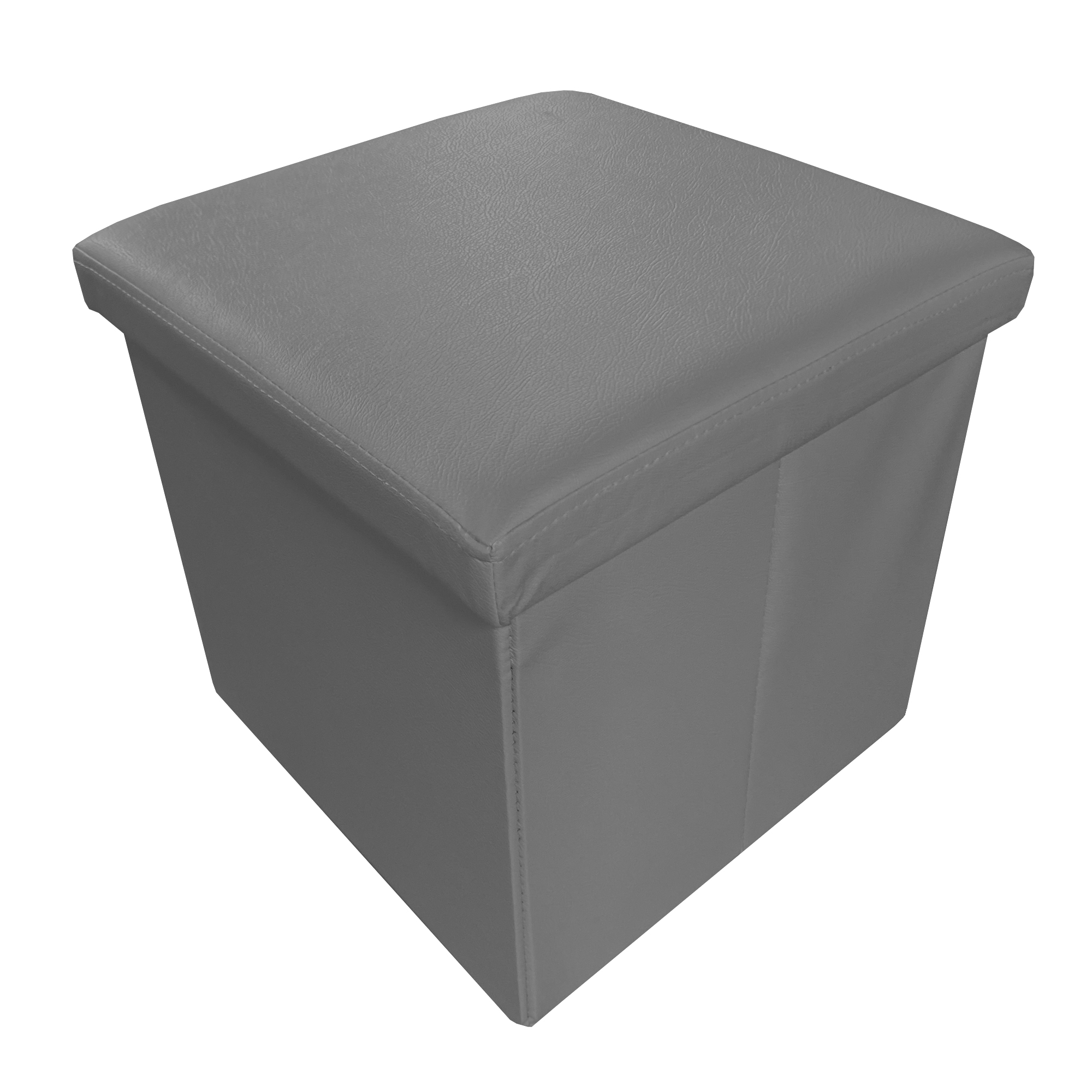 Puf rectangular gris de piel sintética con costuras.
