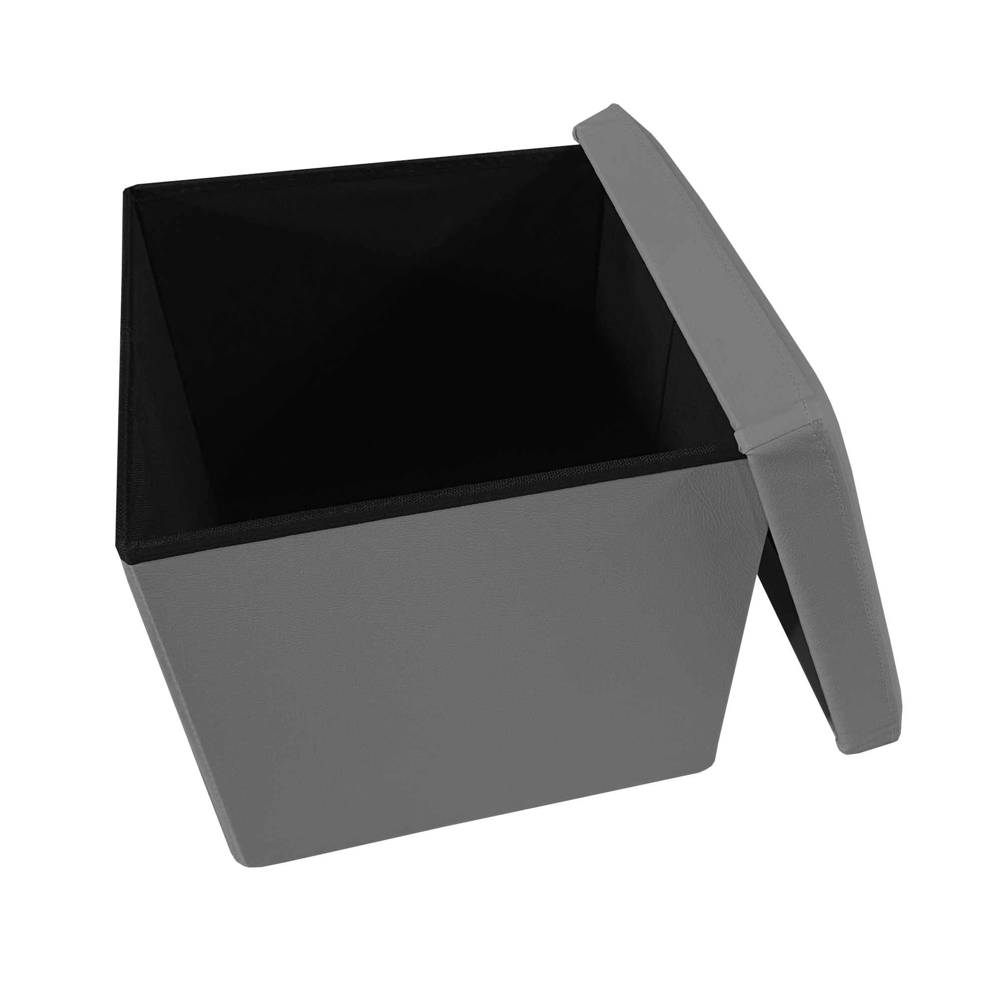 Caja de almacenamiento gris con tapa abierta, interior de tela negra.