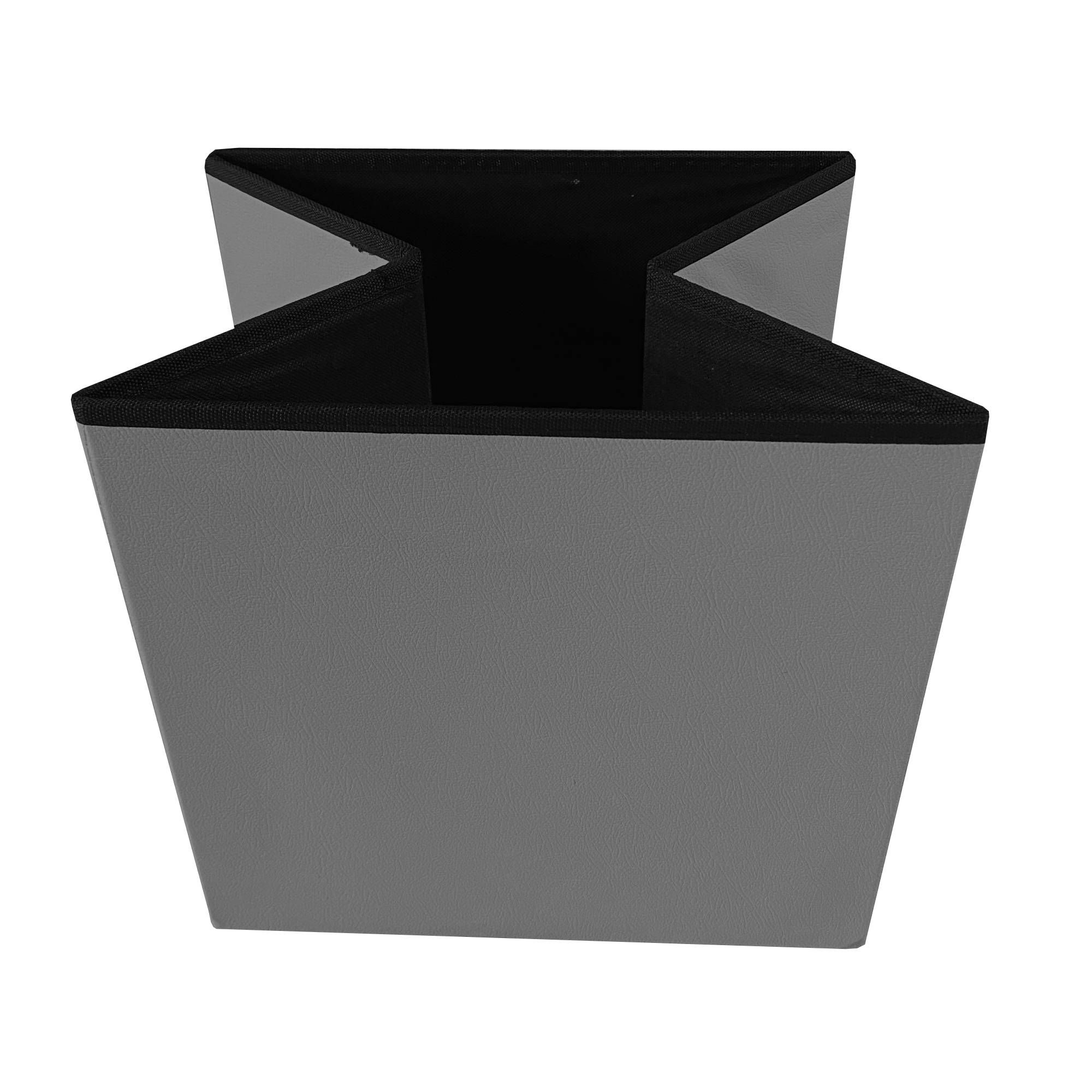Contenedor plegable gris con borde negro, visto desde arriba.