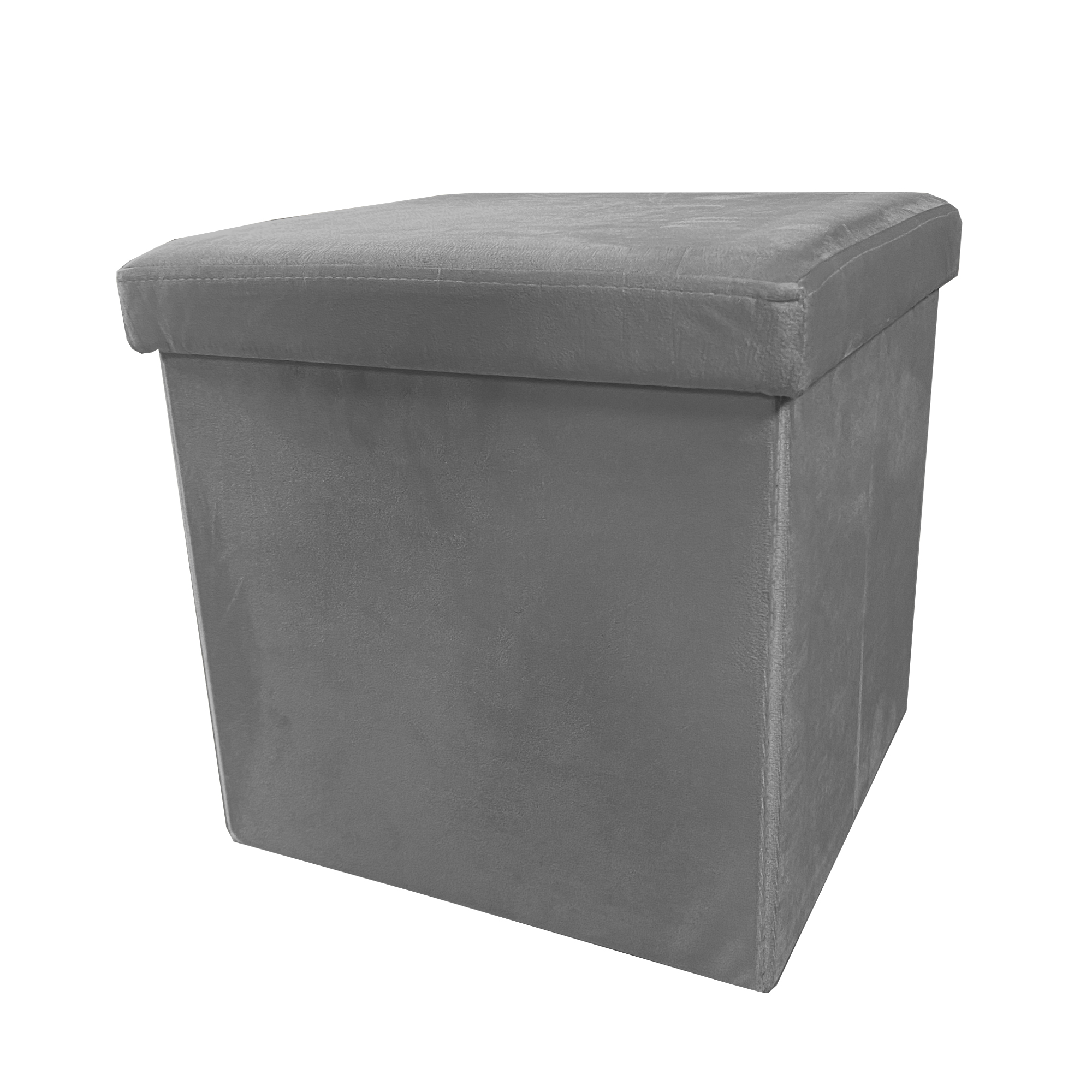 Un otomana rectangular de tela gris con costuras en la parte superior, sobre fondo blanco.
