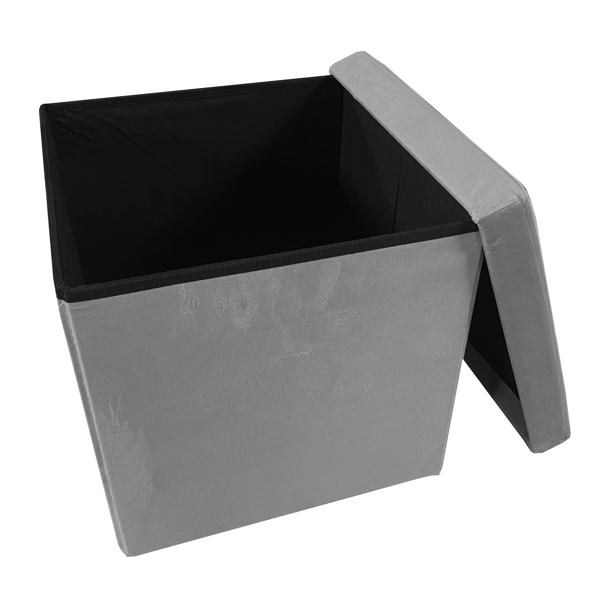 Un otomano de almacenamiento gris con tapa abierta, que revela un interior negro. Aislado en blanco.