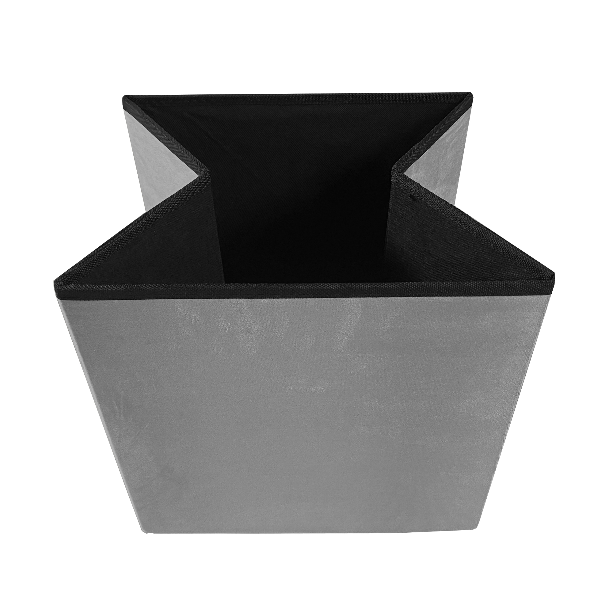 Contenedor plegable gris con forro de tela negro, visto desde arriba.