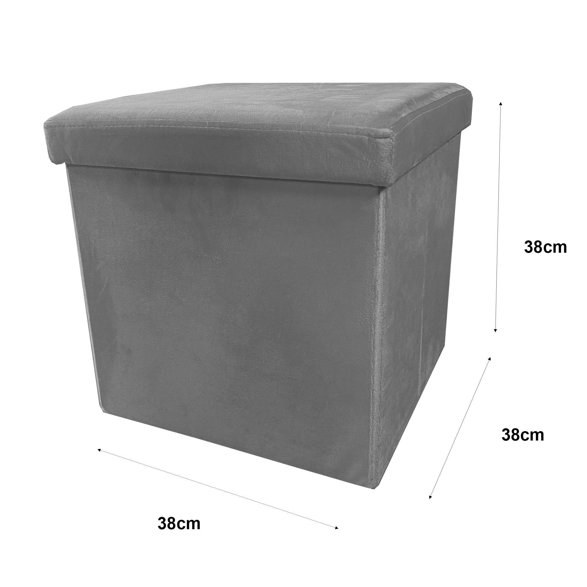 Un otomana gris con tapa, dimensiones 38cm x 38cm x 38cm.
