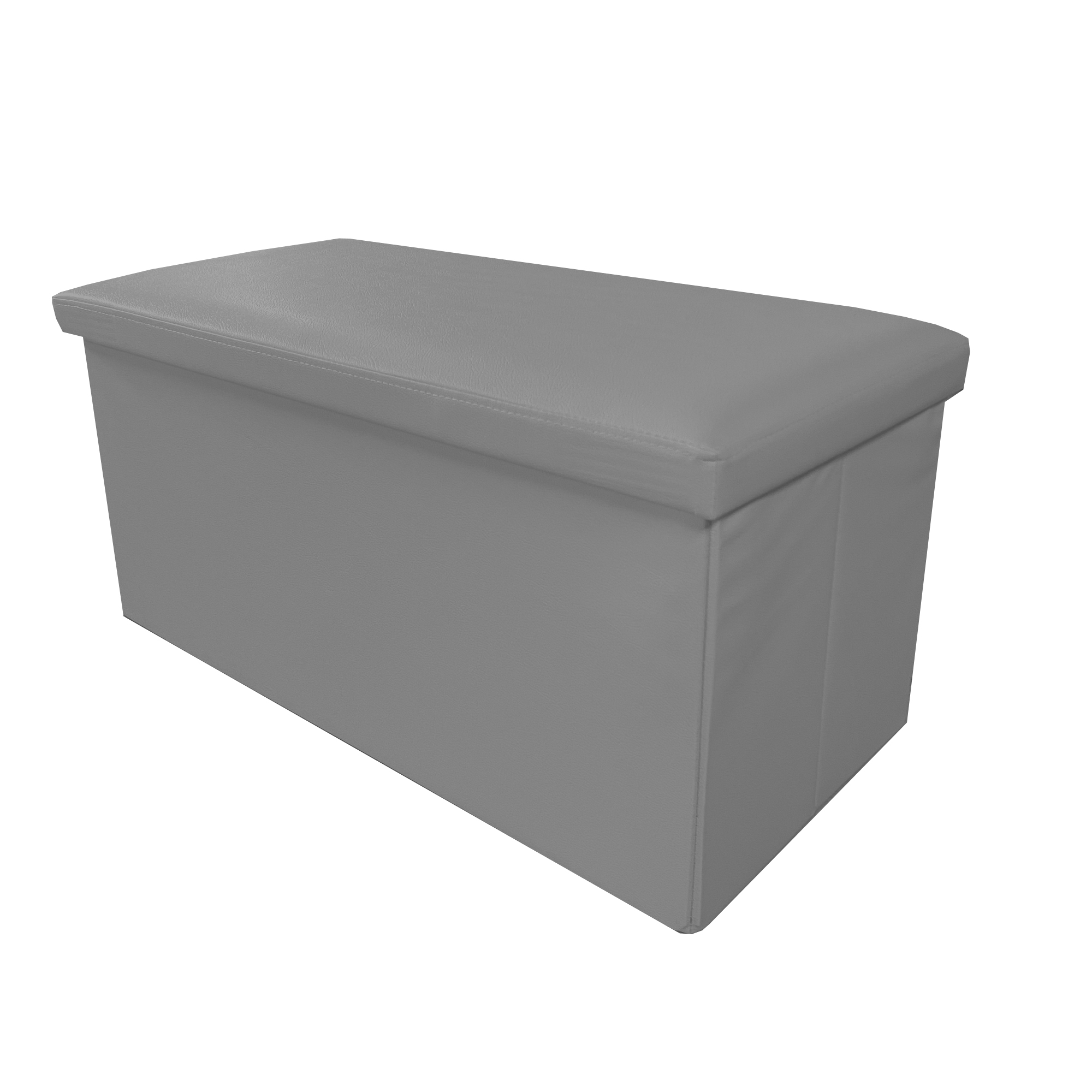 Un otomano rectangular gris con tapa, mostrado sobre fondo blanco.