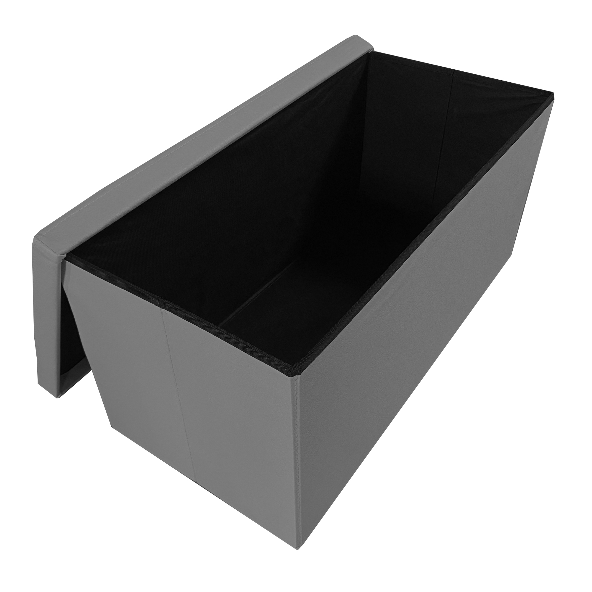 Banqueta de almacenamiento gris con interior negro, abierta.