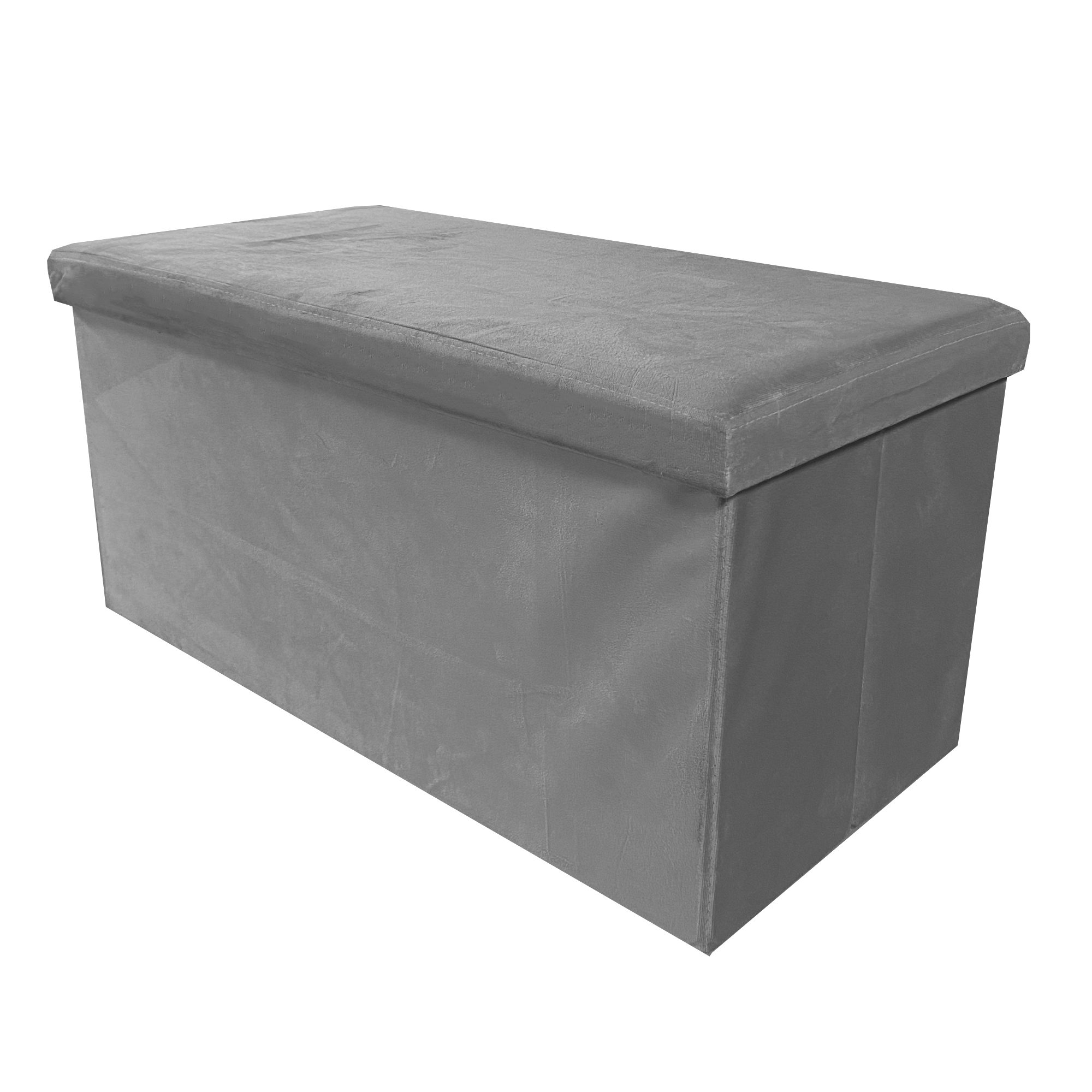 Un otomana de almacenamiento gris con tapa, aislado sobre fondo blanco.