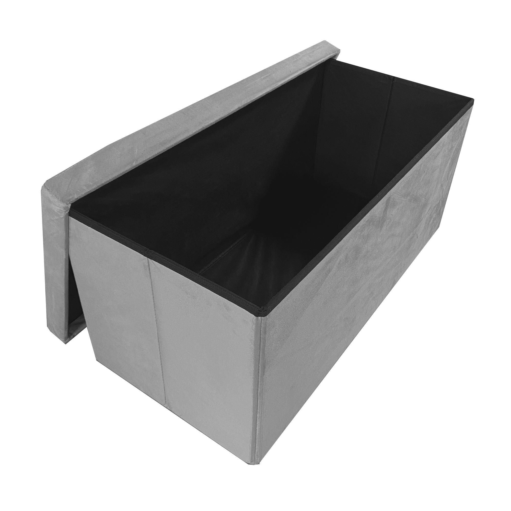 Un otomana de almacenamiento de tela gris con interior negro y tapa abierta.
