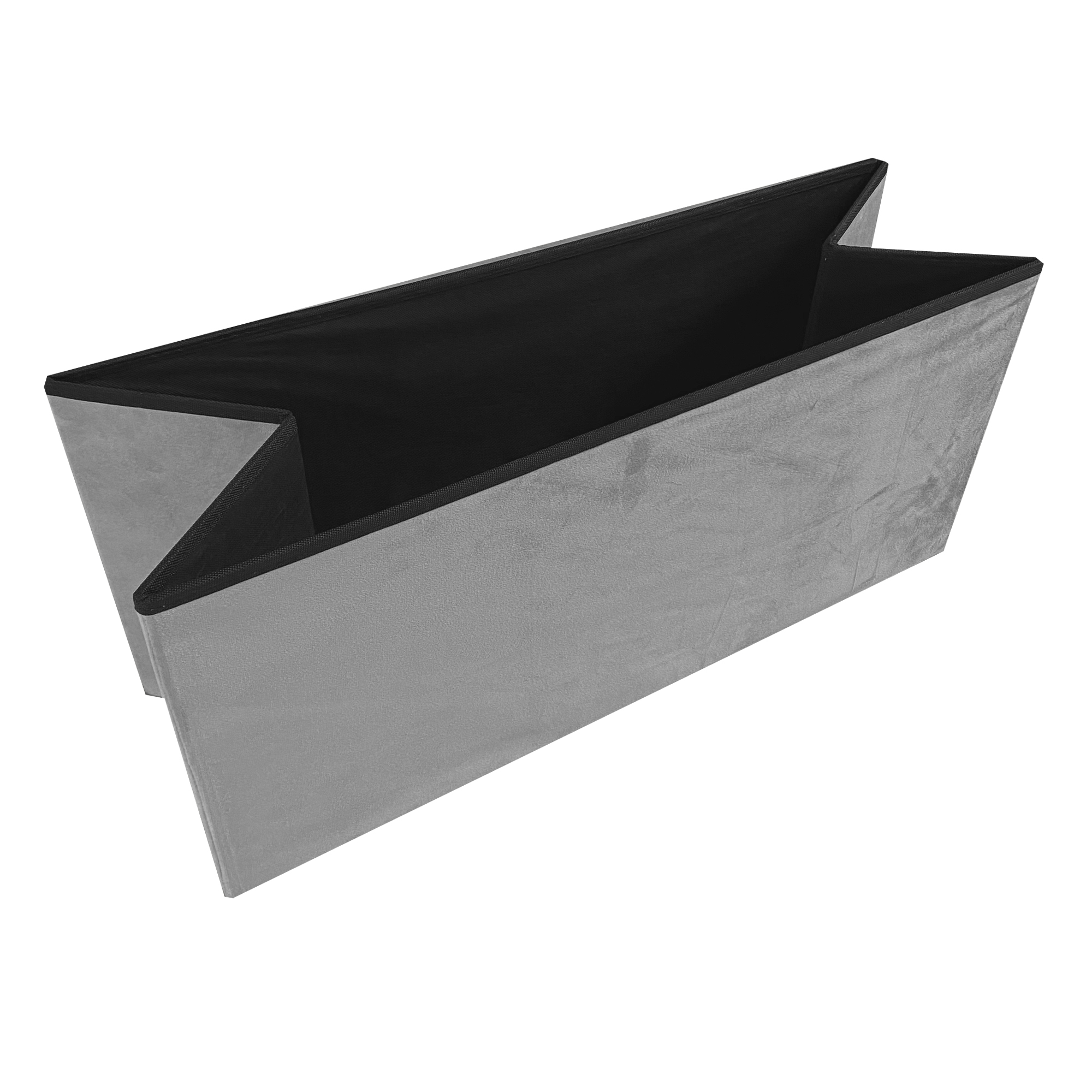 Contenedor de almacenamiento rectangular gris con interior negro y lados abiertos.