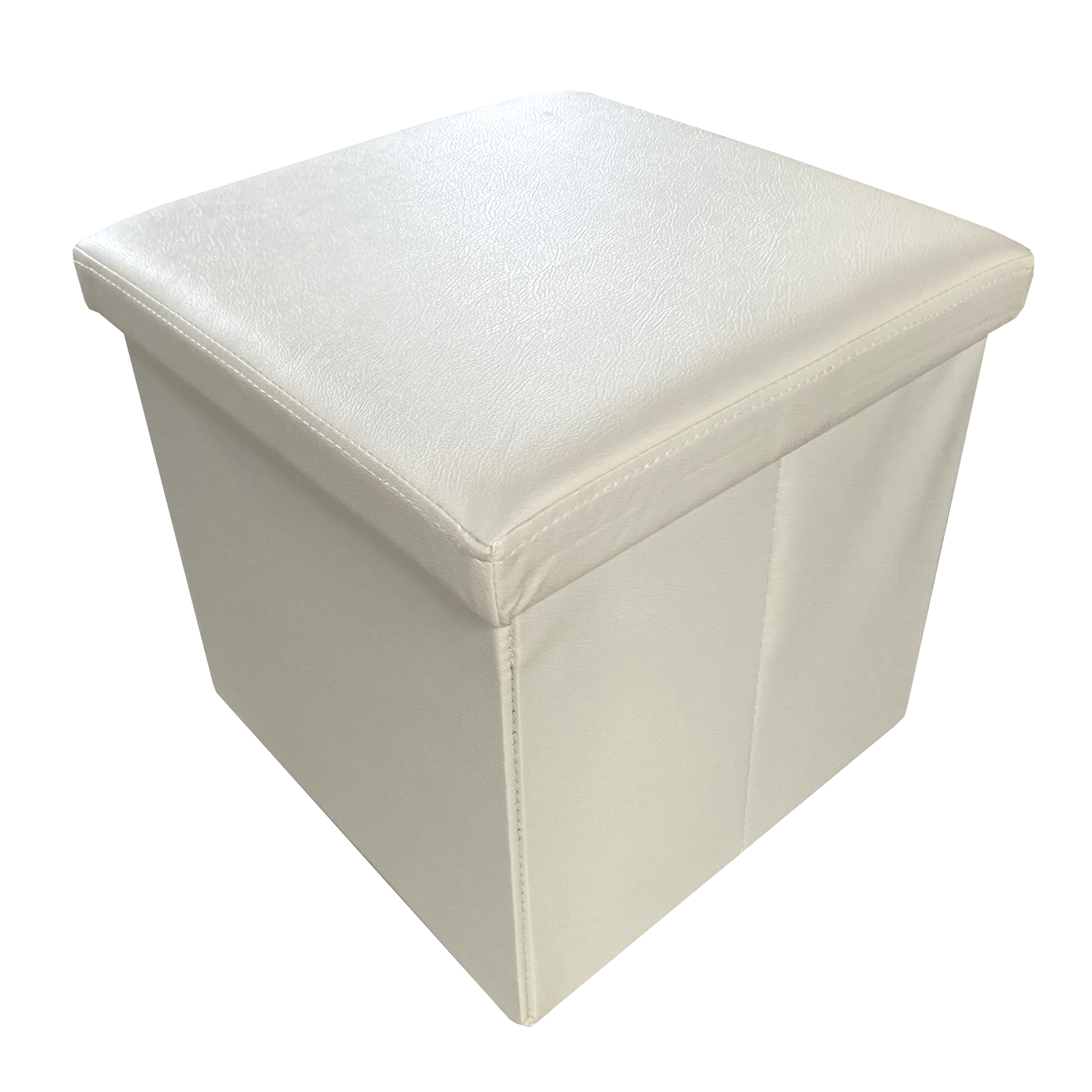 Un otomana de almacenamiento blanca de cuero sintético con costuras visibles.