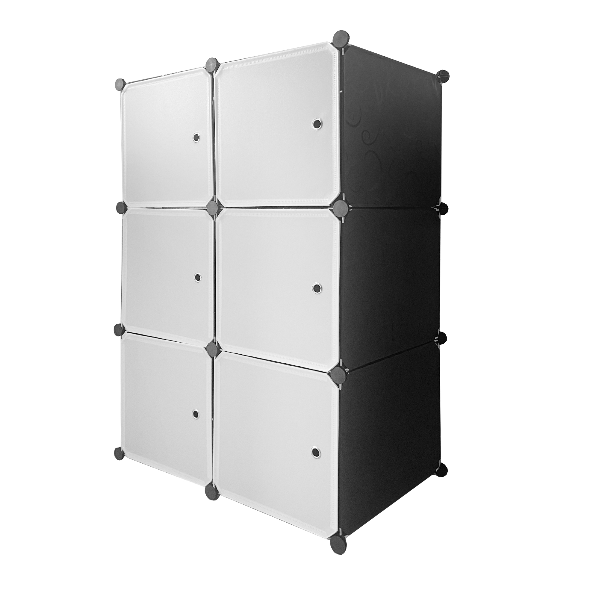 Un organizador de almacenamiento blanco y negro de seis cubos.