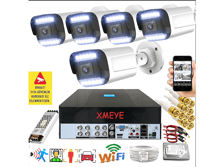 BISES 3312W-P 5'li Araç İnsan Yüz Tanımalı Hareket Algılayan 5 MP Lens 12 Warm Led Gece Renkli Kamera Seti Beyaz