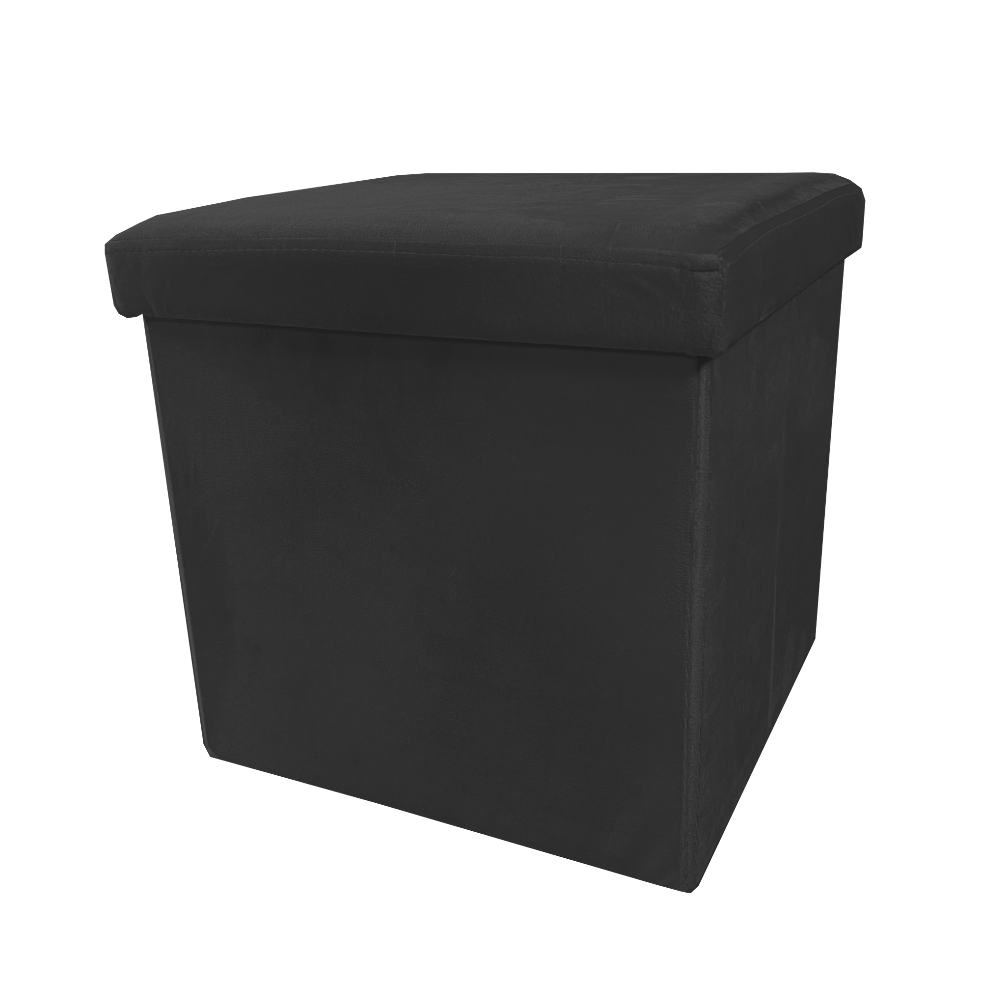 Un otomán rectangular negro con tapa se encuentra sobre un fondo blanco.