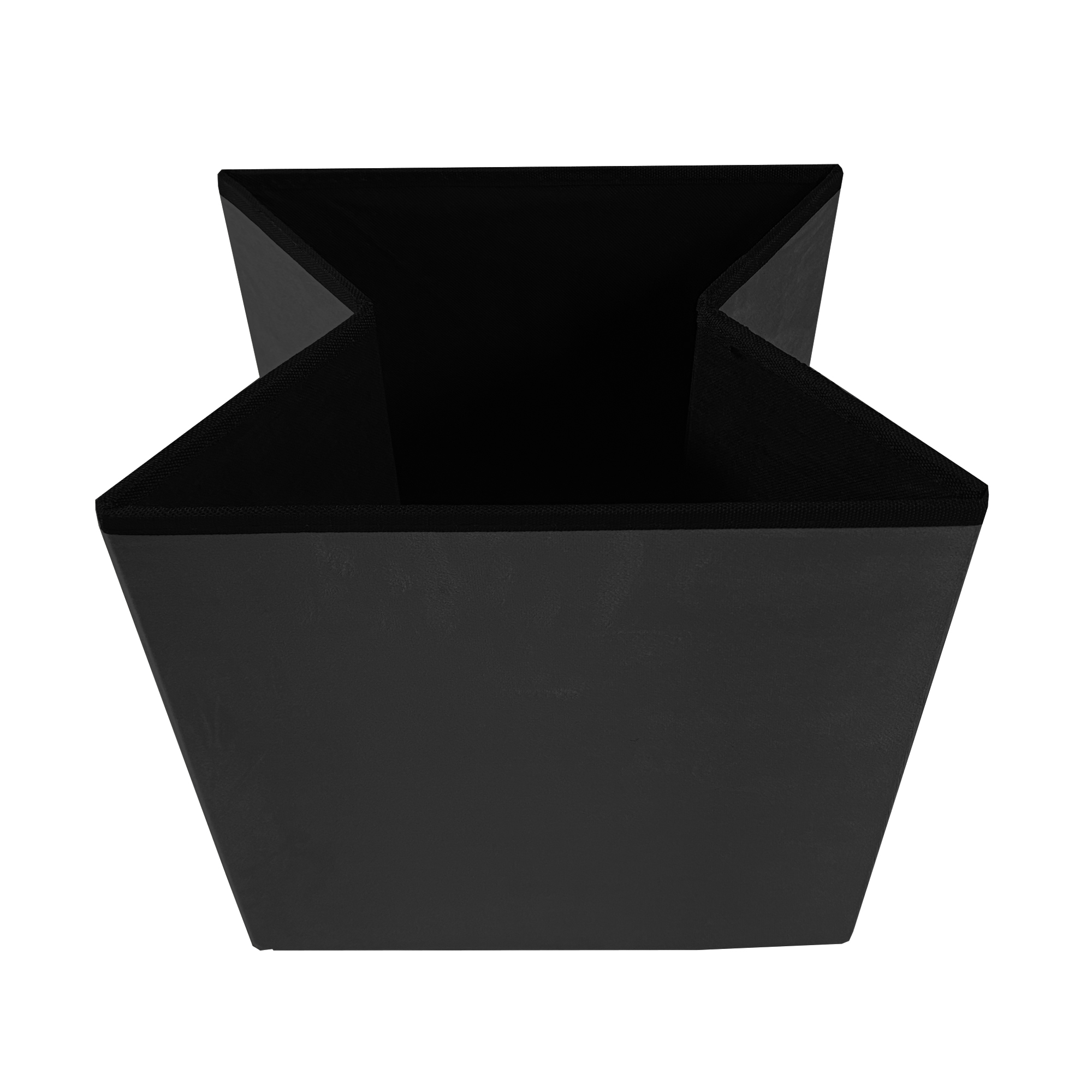 Contenedor de tela negro con tapa abierta, visto desde arriba.