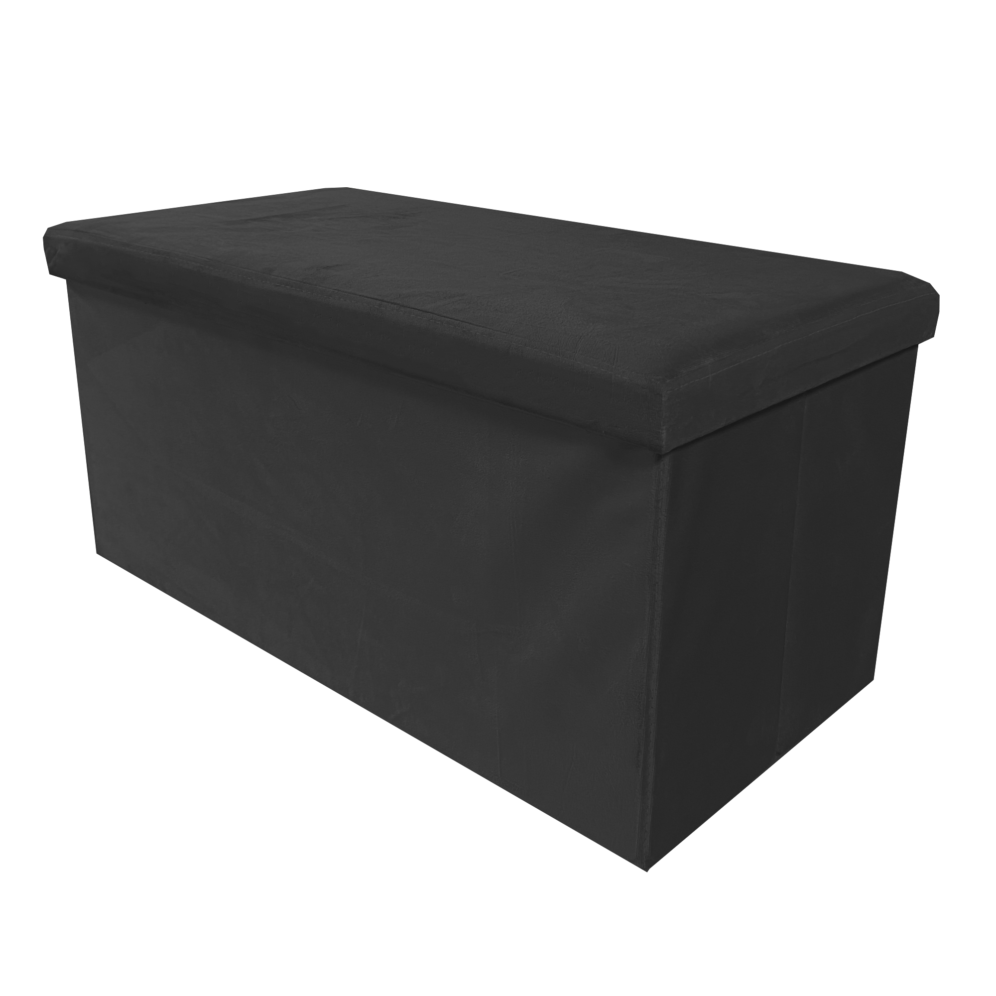 Un otomano de almacenamiento rectangular negro con tapa se sienta contra un fondo blanco.
