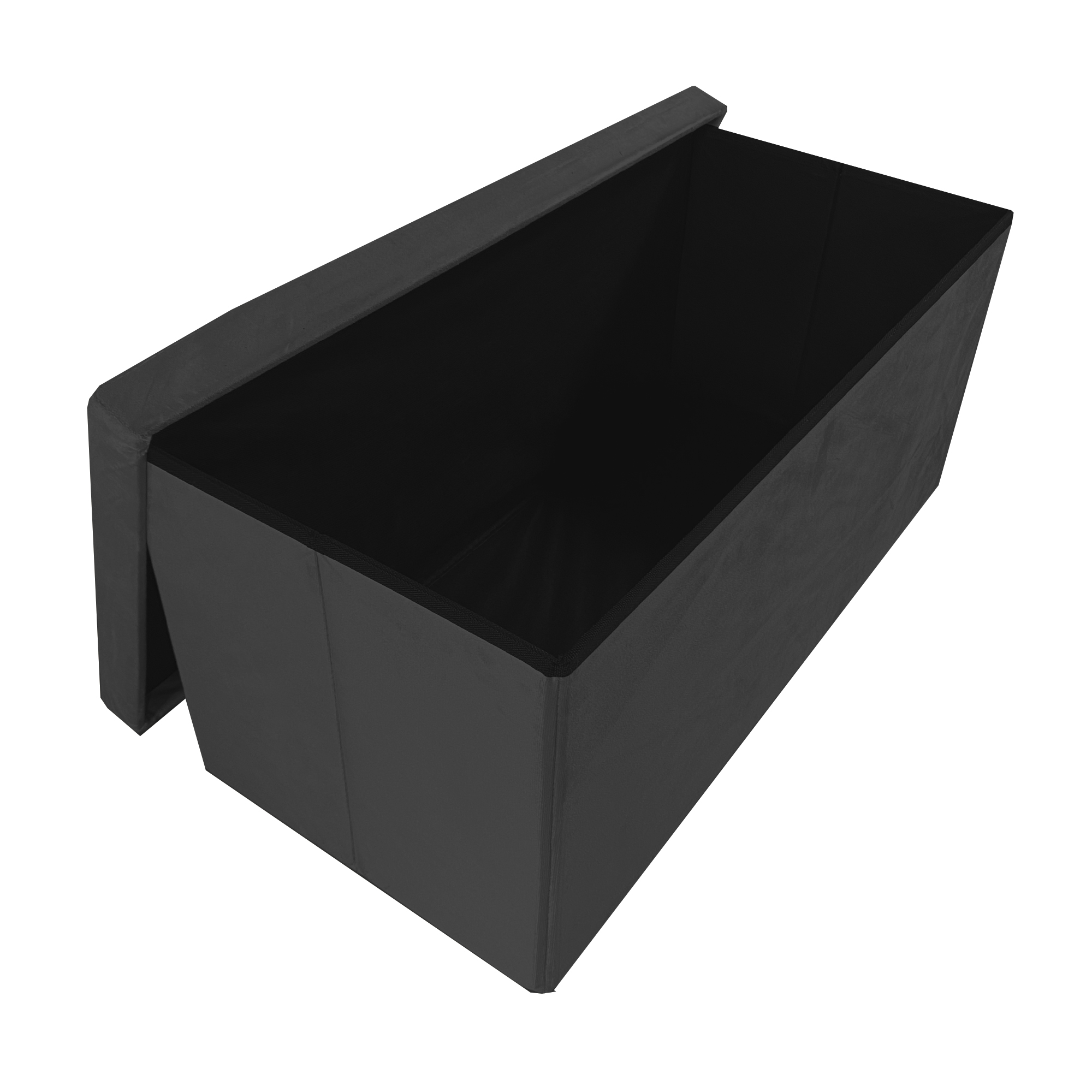Un contenedor rectangular de tela oscura con la tapa abierta.