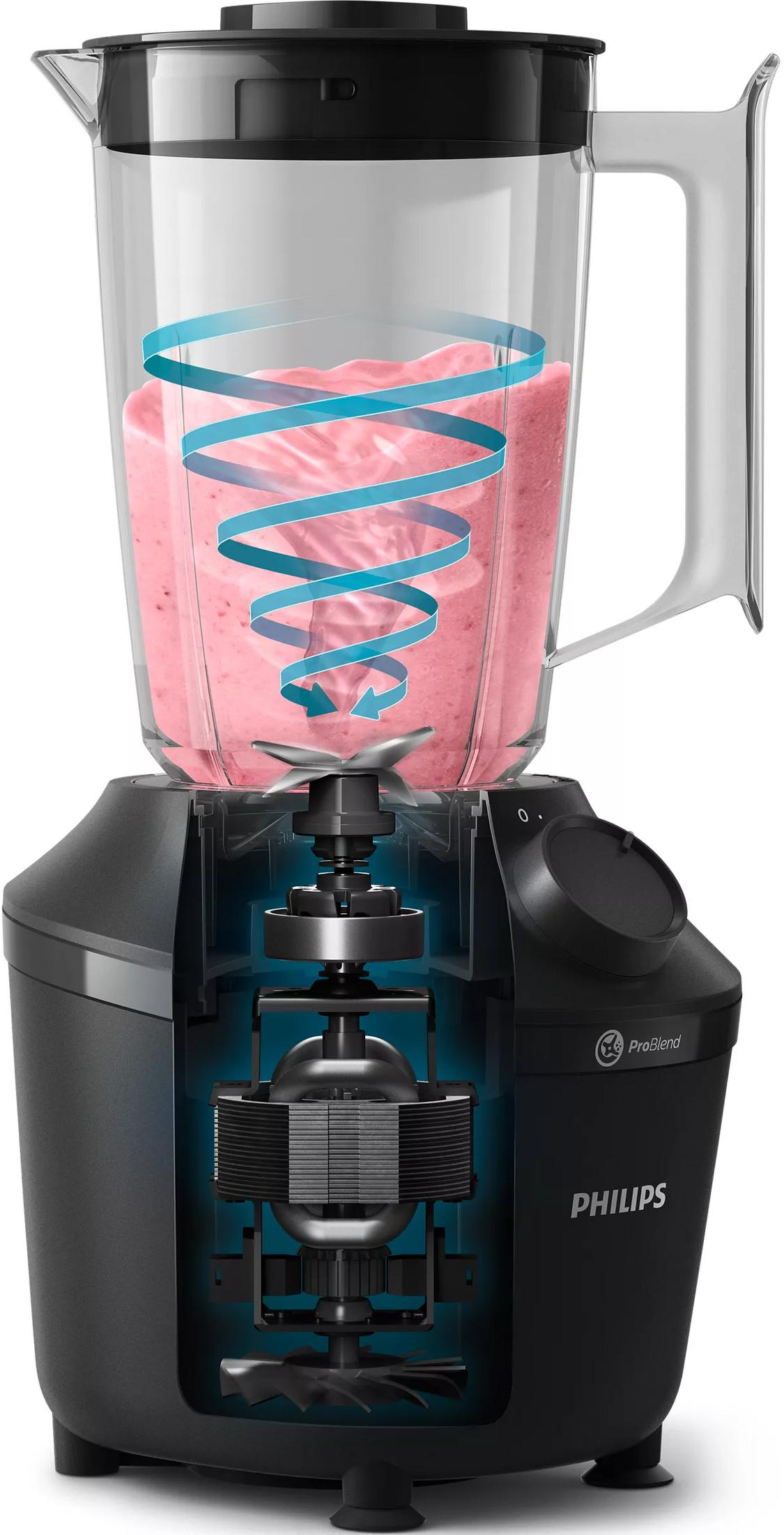 Schnittansicht eines Philips Mixers mit Motor und pinkem Smoothie mit blauer Spirale.