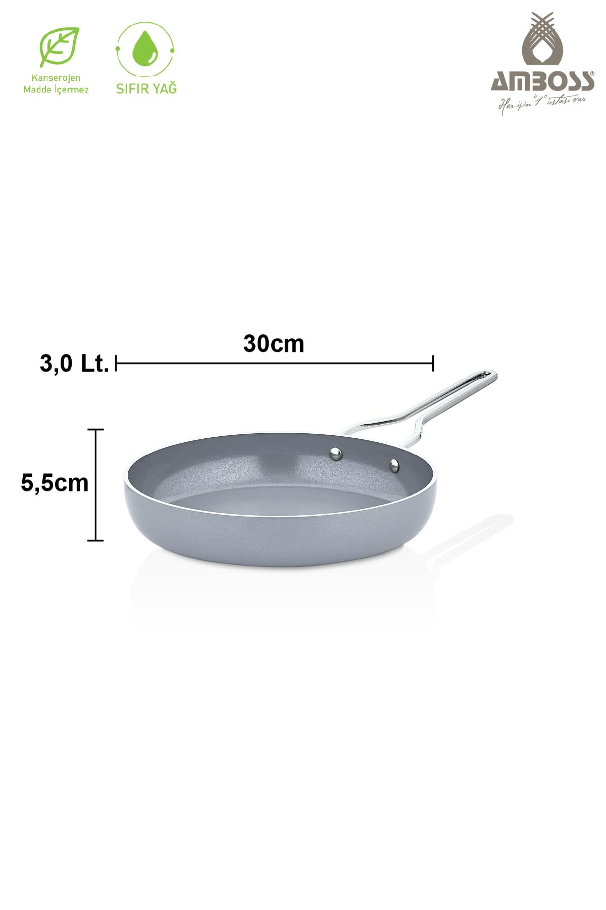 Gri tava, 30cm çap, 5,5cm yükseklik, 3,0 litre hacim.