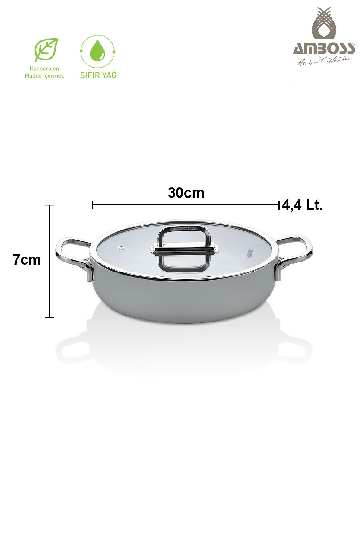 Gri tencere cam kapaklı, 30cm çap, 7cm yükseklik, 4.4 litre hacim.