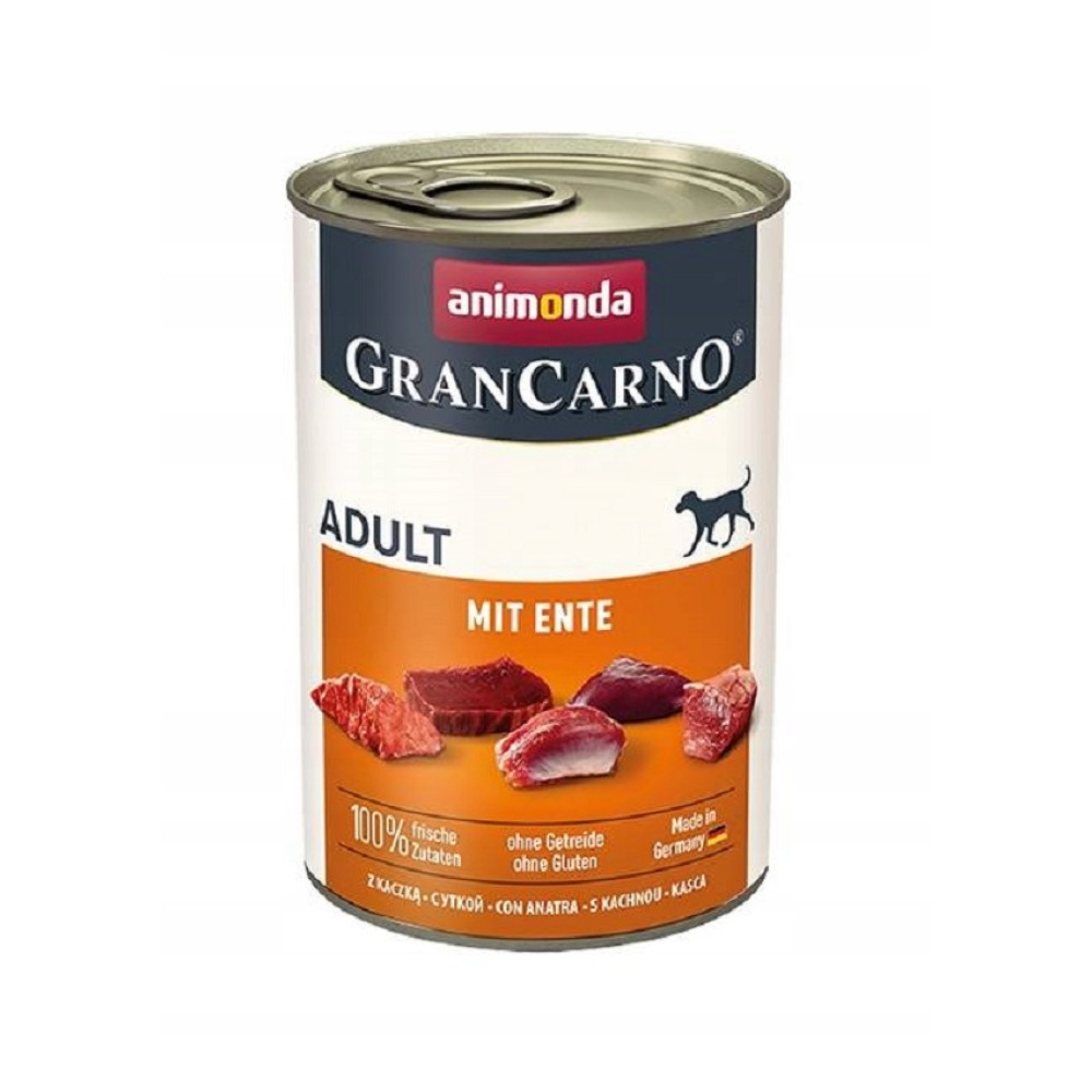 Puszka karmy dla psów Animonda Grancarno 'Adult Z Kaczką', z kawałkami mięsa.