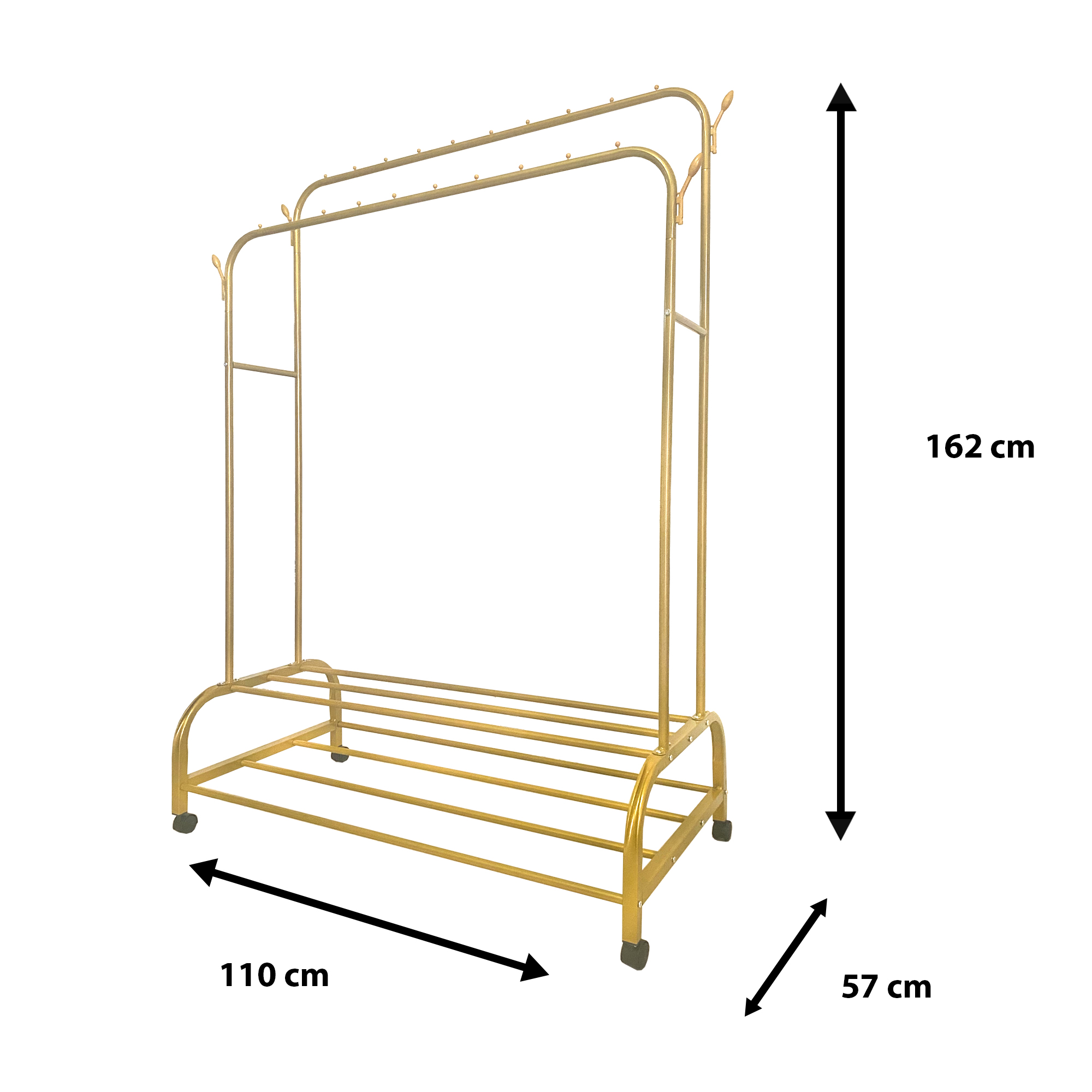 Perchero dorado de dos niveles con ruedas. Dimensiones: 162x110x57cm.