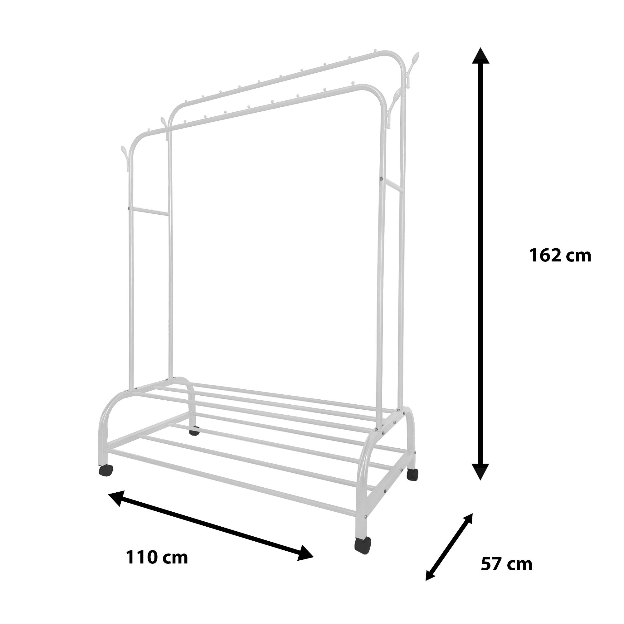Un perchero blanco de doble nivel con ruedas, mide 110x57x162cm.