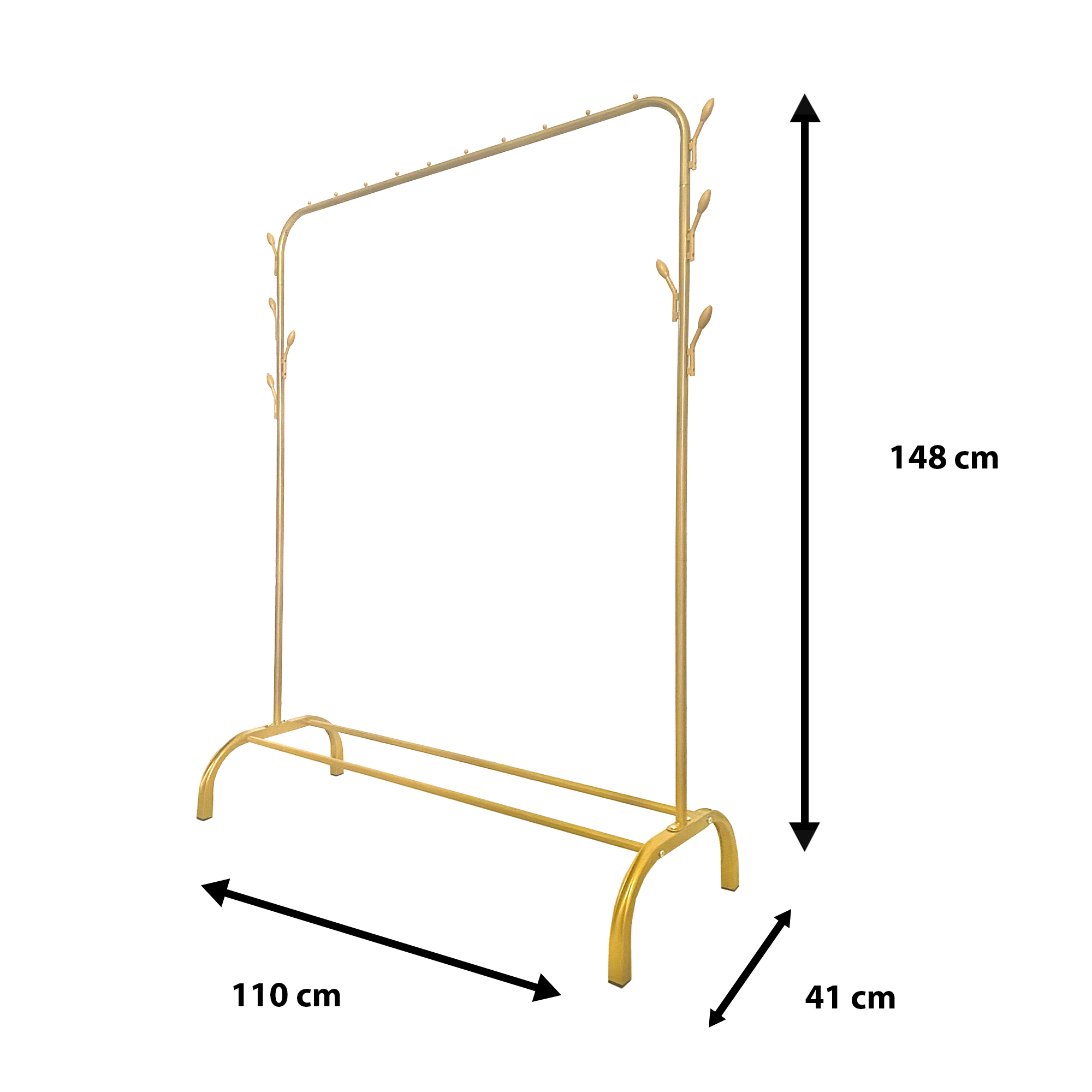 Perchero dorado, 148cm alto, 110cm ancho, 41cm profundo.