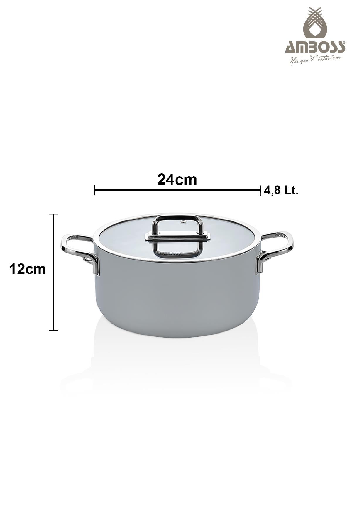 Gri tencere cam kapaklı, 24cm geniş, 12cm yüksek, 4,8 litredir.