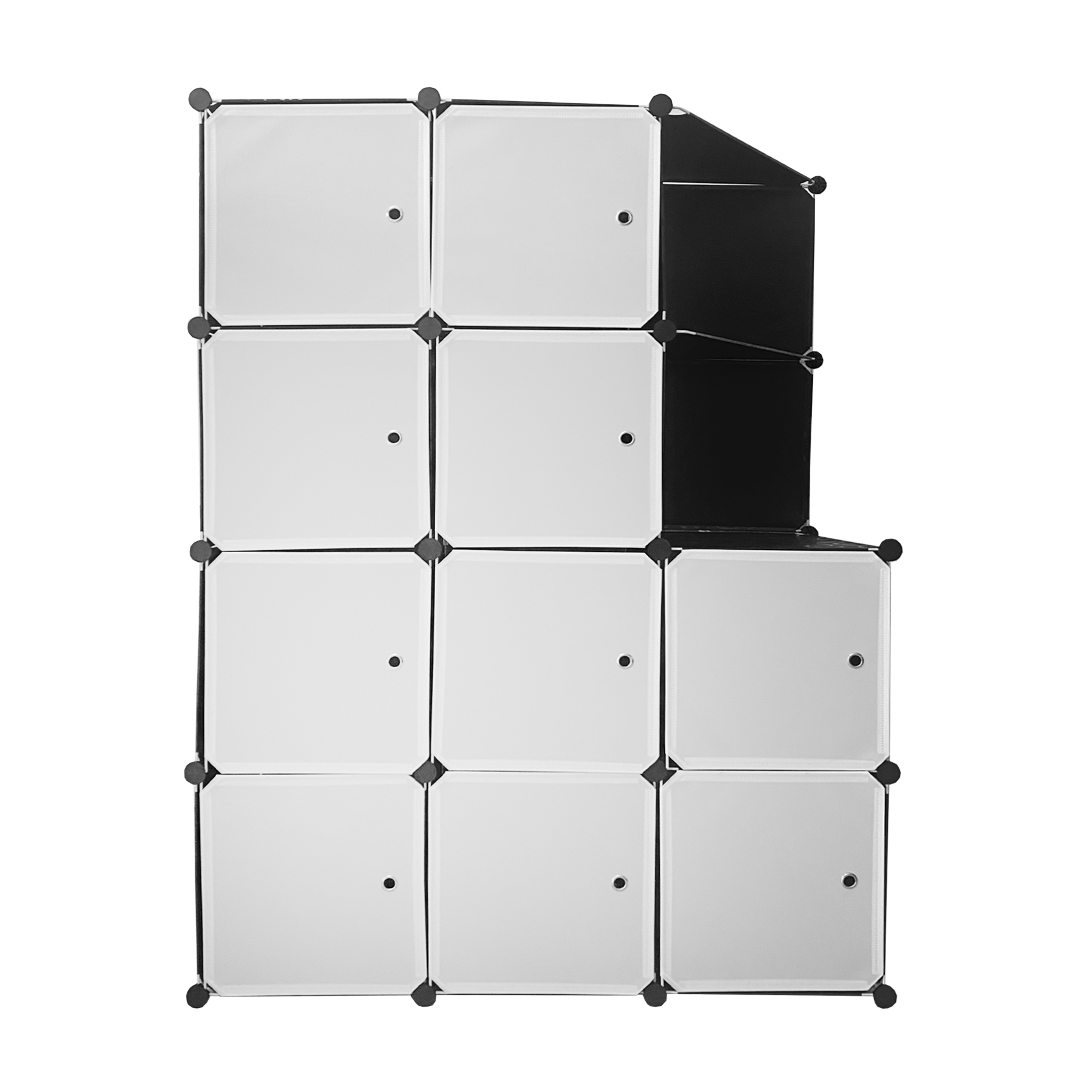 Un armario modular blanco con conectores negros y panel trasero negro.
