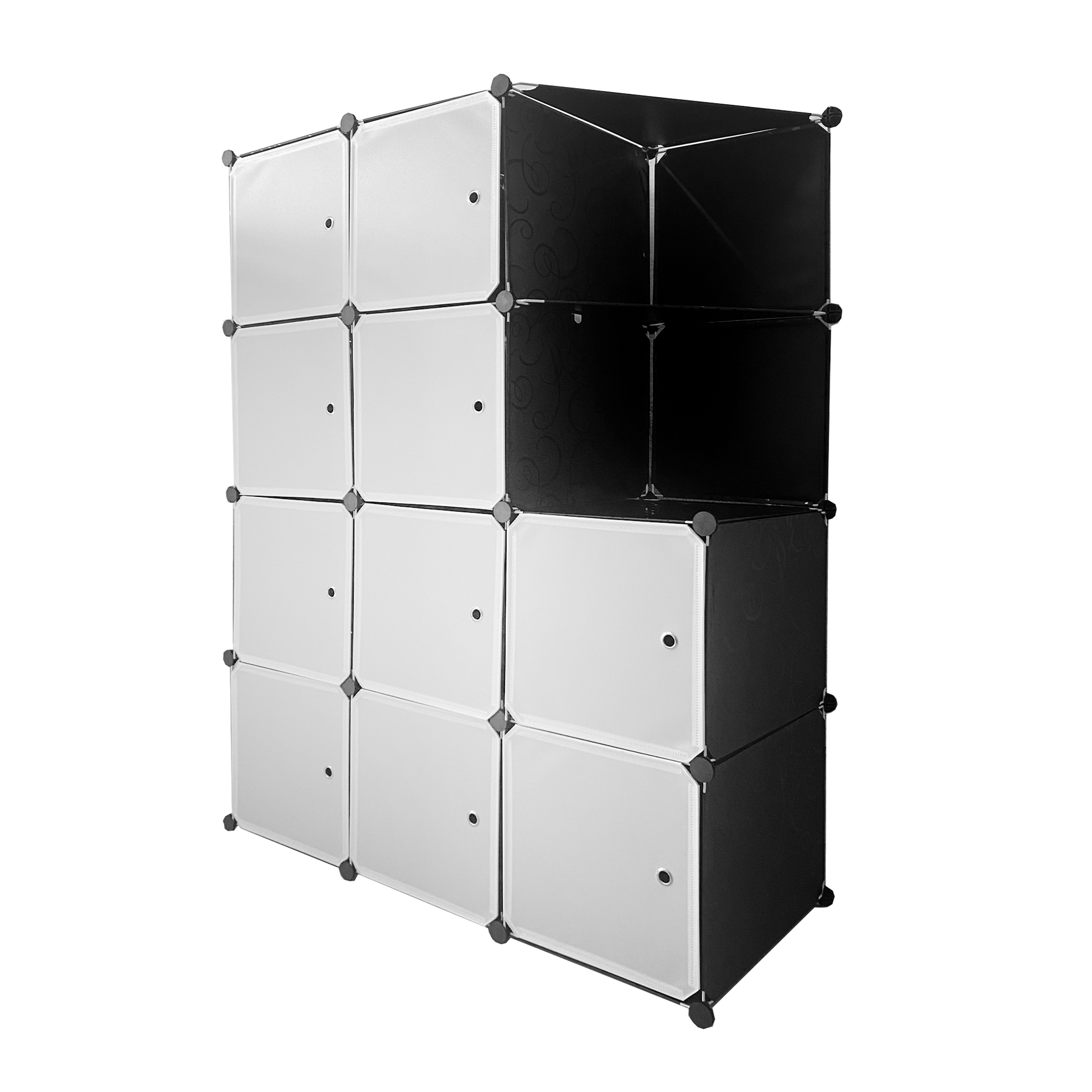 Un organizador de 12 cubos blanco y negro sobre fondo blanco.
