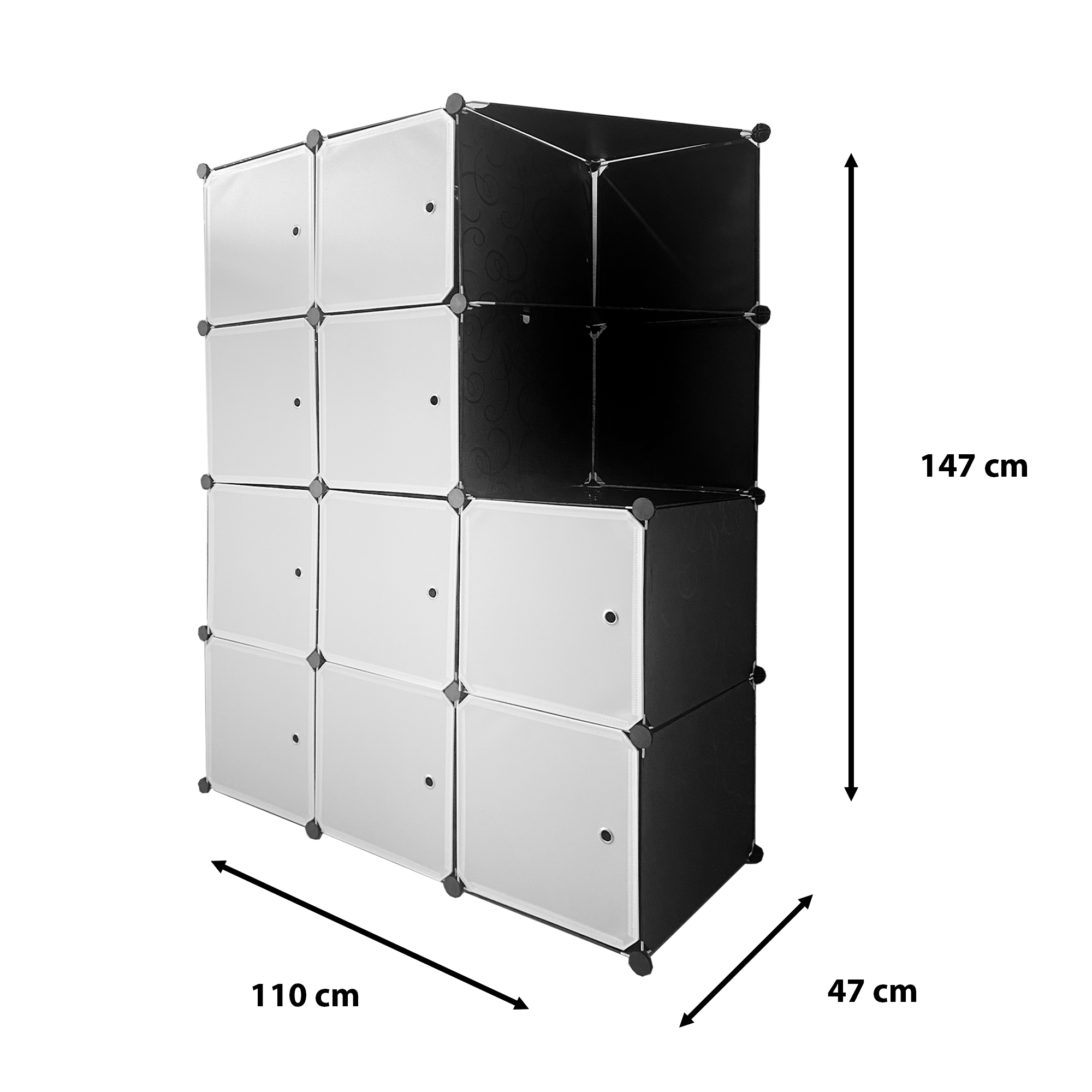 Un armario modular blanco y negro, 110x47x147 cm.