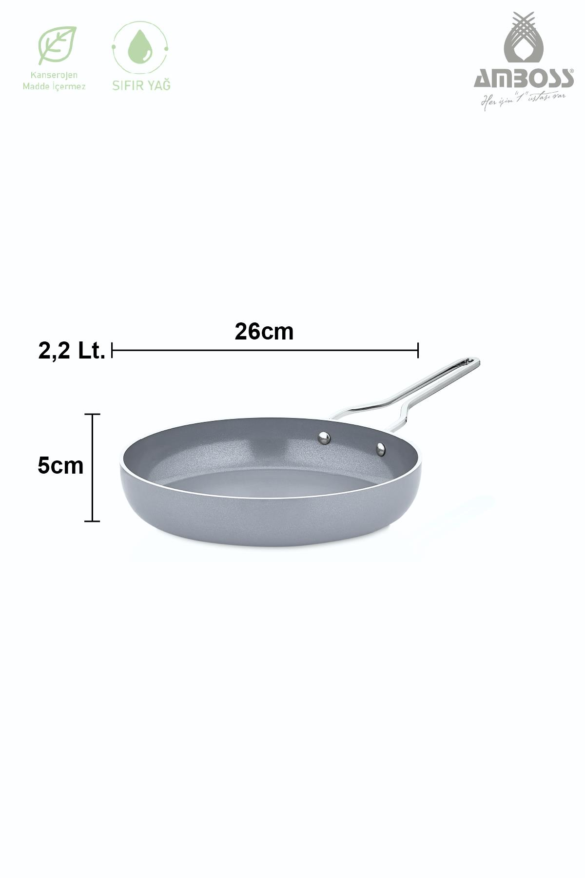 Gri tava, 26cm çap, 5cm yükseklik, 2,2L hacim.