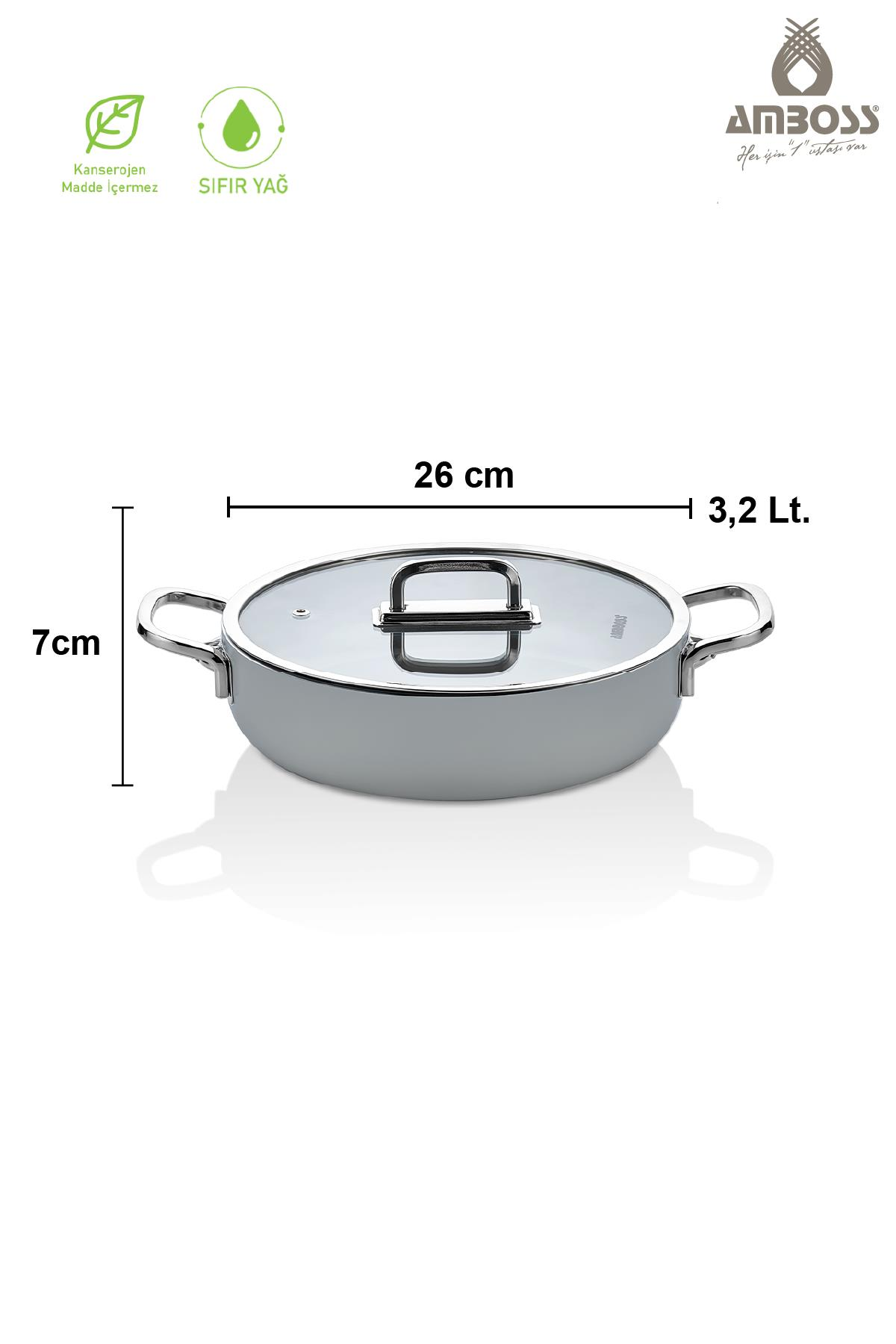 Gri tencere cam kapaklı, 26 cm çap, 7 cm yükseklik, 3,2 L.