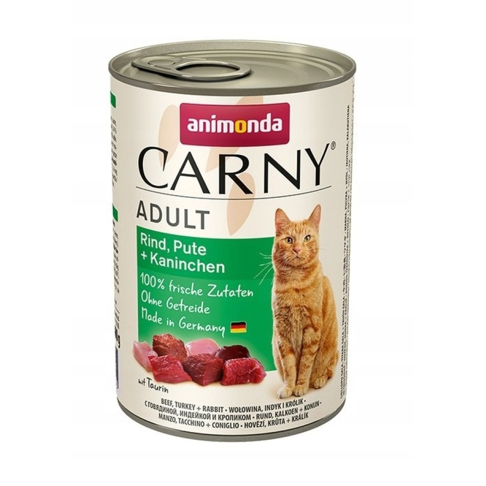 Puszka karmy dla kota Animonda Carny Adult z wołowiną, indykiem, królikiem i kotem.