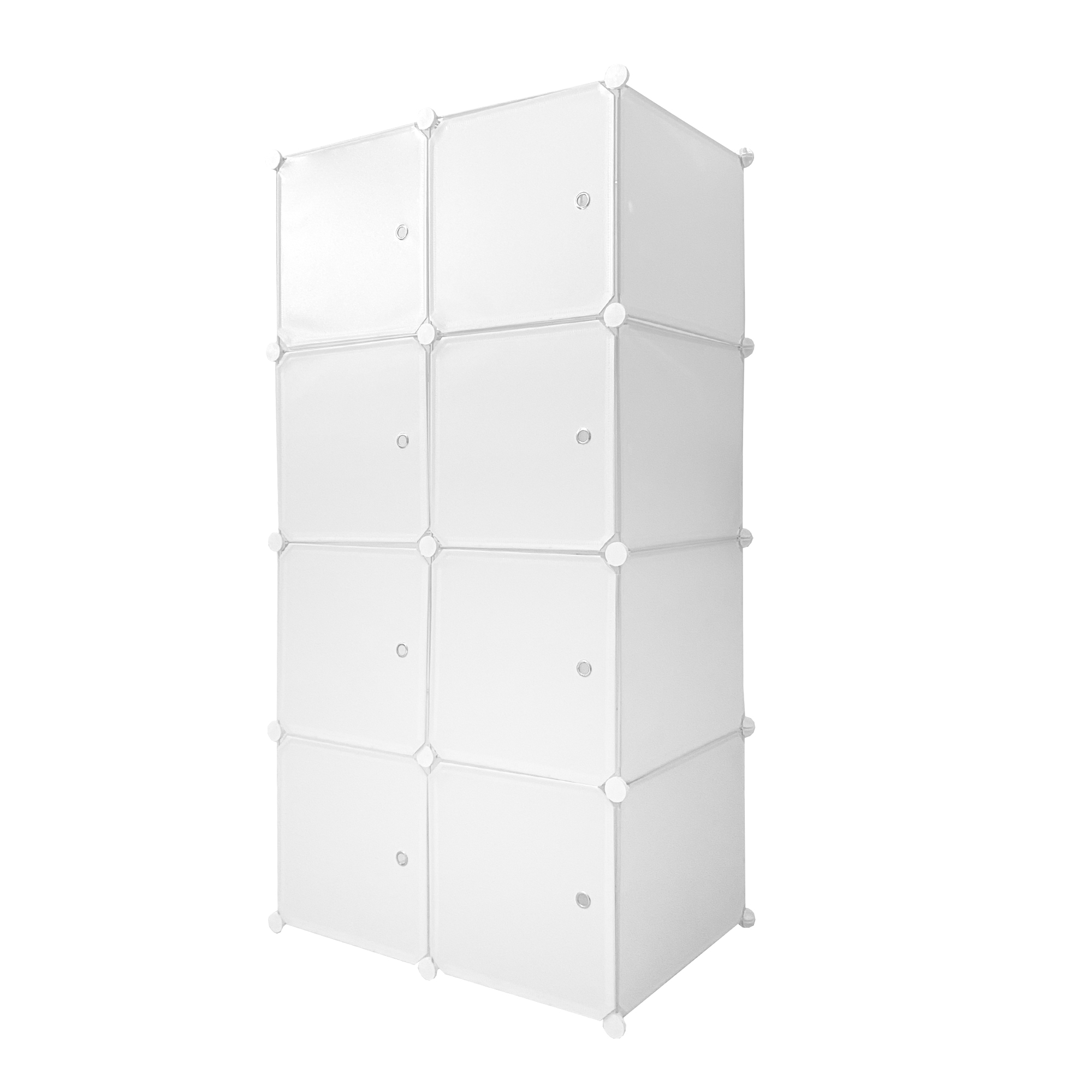 Una unidad de almacenamiento blanca y rectangular con ocho compartimentos cúbicos, cada uno con puerta.