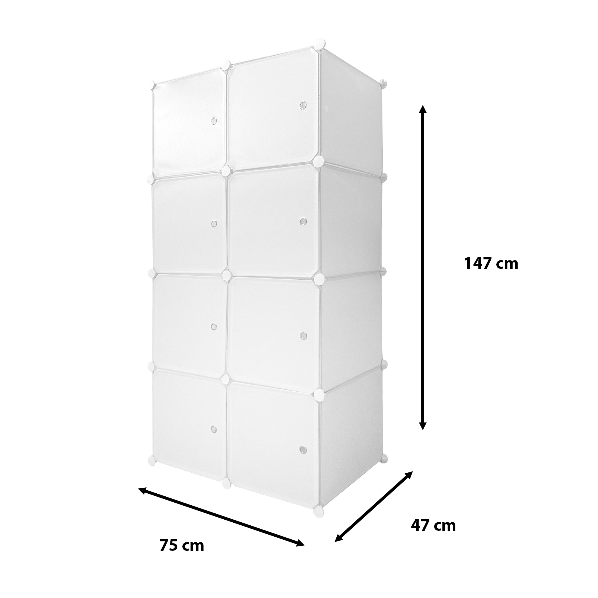 Un armario blanco de cubos con 8 compartimentos, Al=147cm, An=75cm, Pr=47cm.
