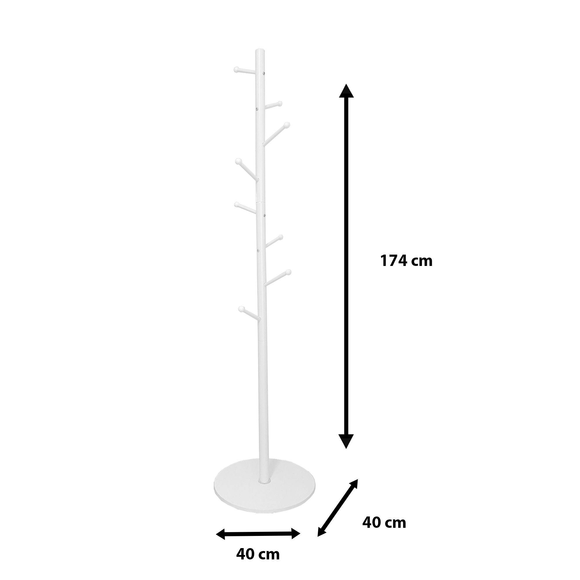 Un perchero blanco con base redonda, 174cm de alto y 40cm de ancho.