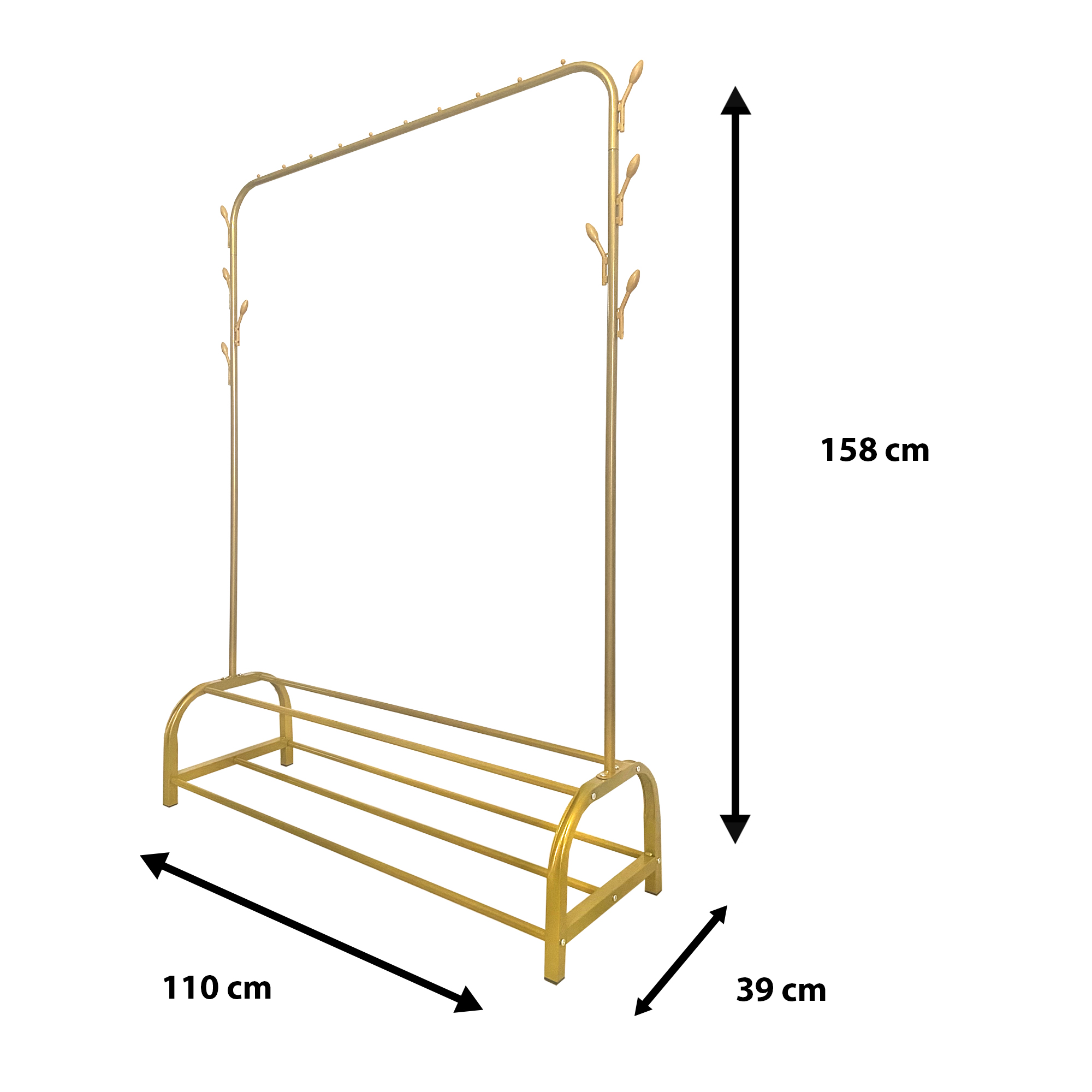 Perchero dorado con zapatero. Al:158cm, An:110cm, Pr:39cm.