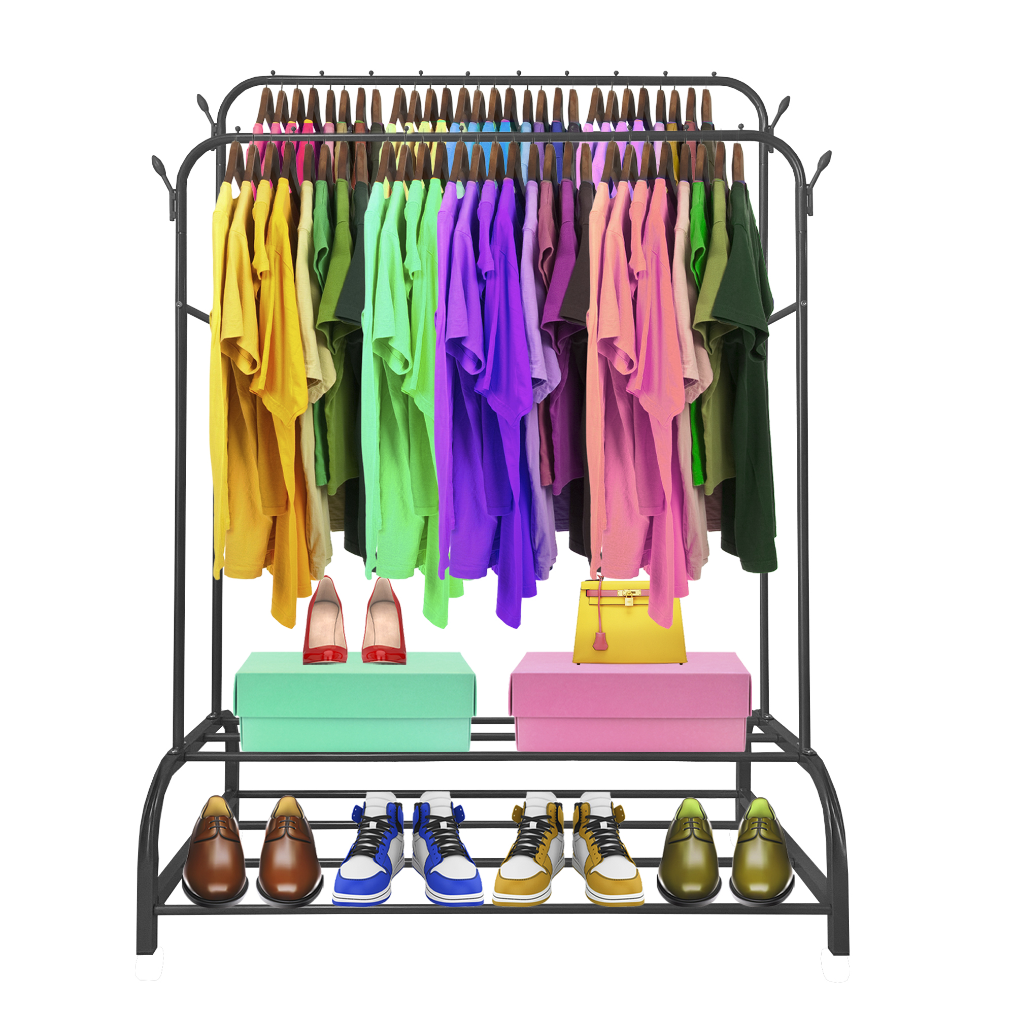 Perchero con camisetas coloridas, zapatos y bolsos sobre fondo blanco.